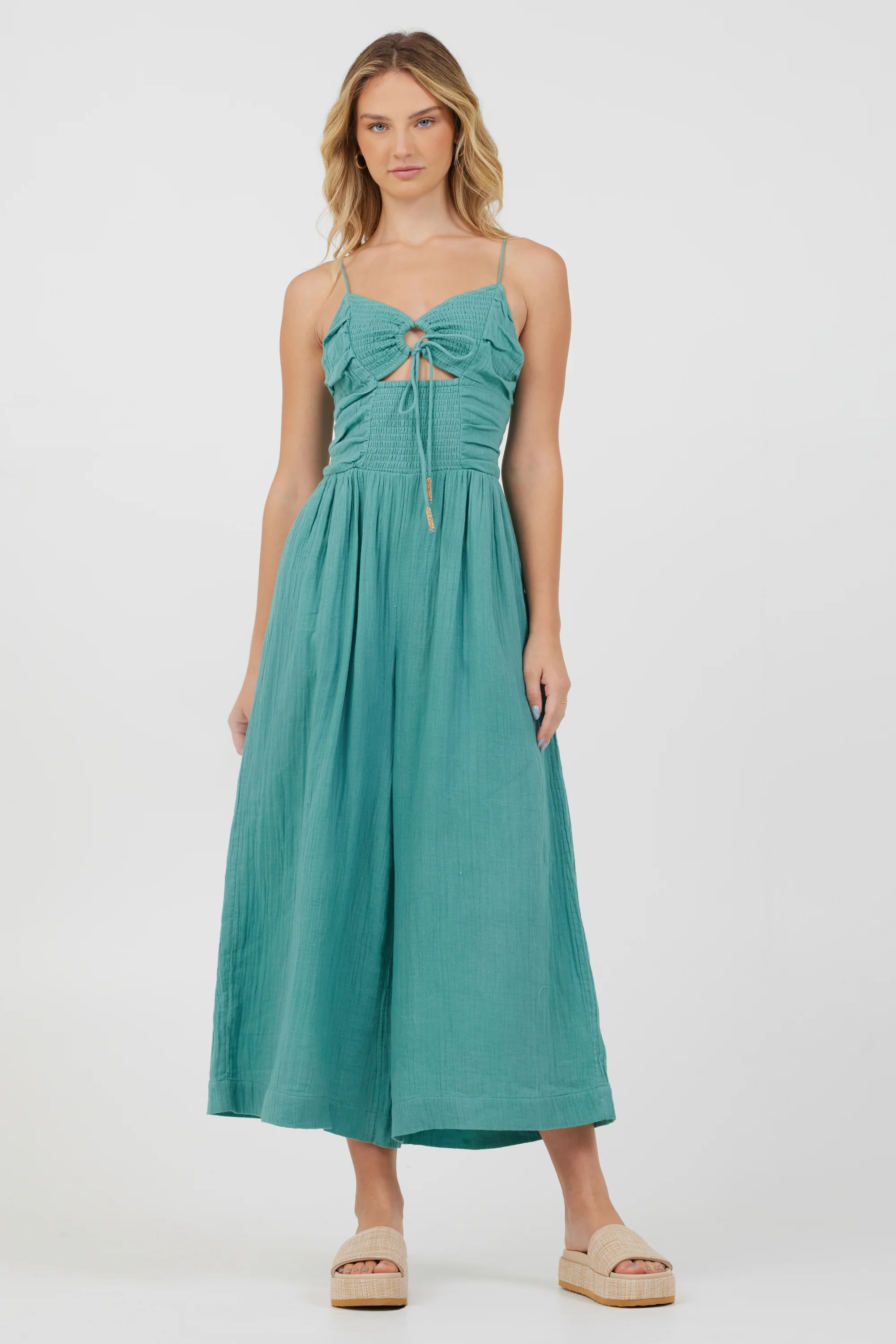 Army Green Lightweight Tie Front Jumpsuit