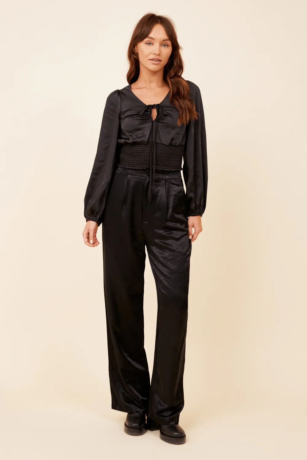 Black Heavy Satin Criss Cross Blouse - Image 3