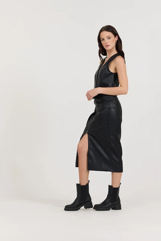 Black Leather Skirt + Vest 2-Piece Set - Image 2