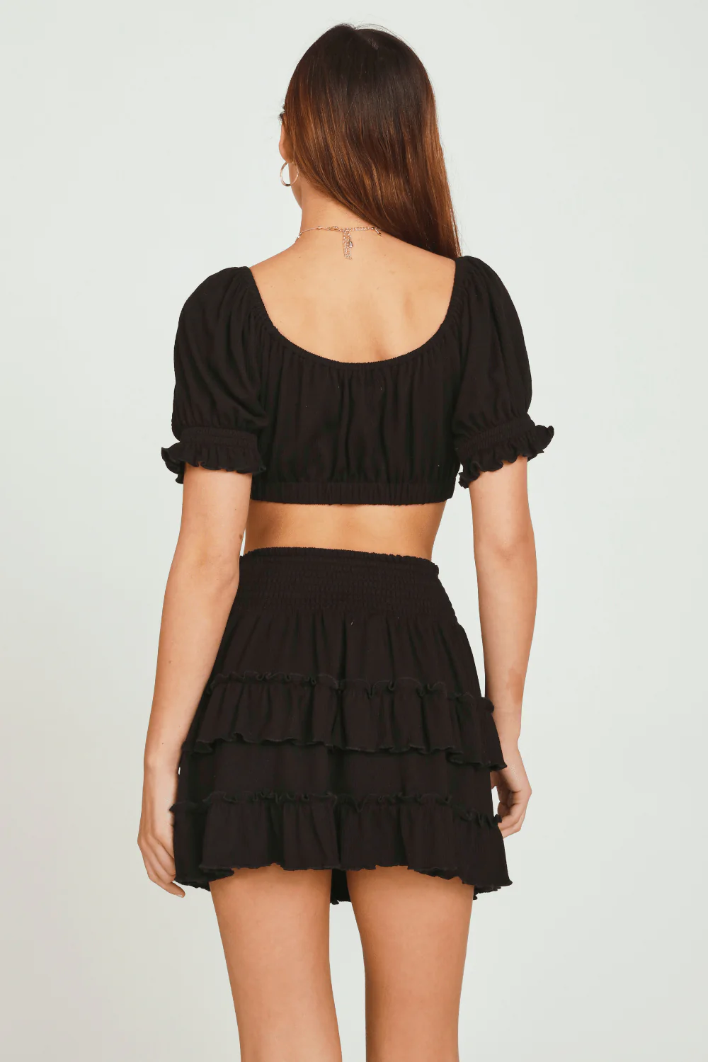 Black Rib Knit Tie Front Balloon Sleeve Crop Top - Image 2