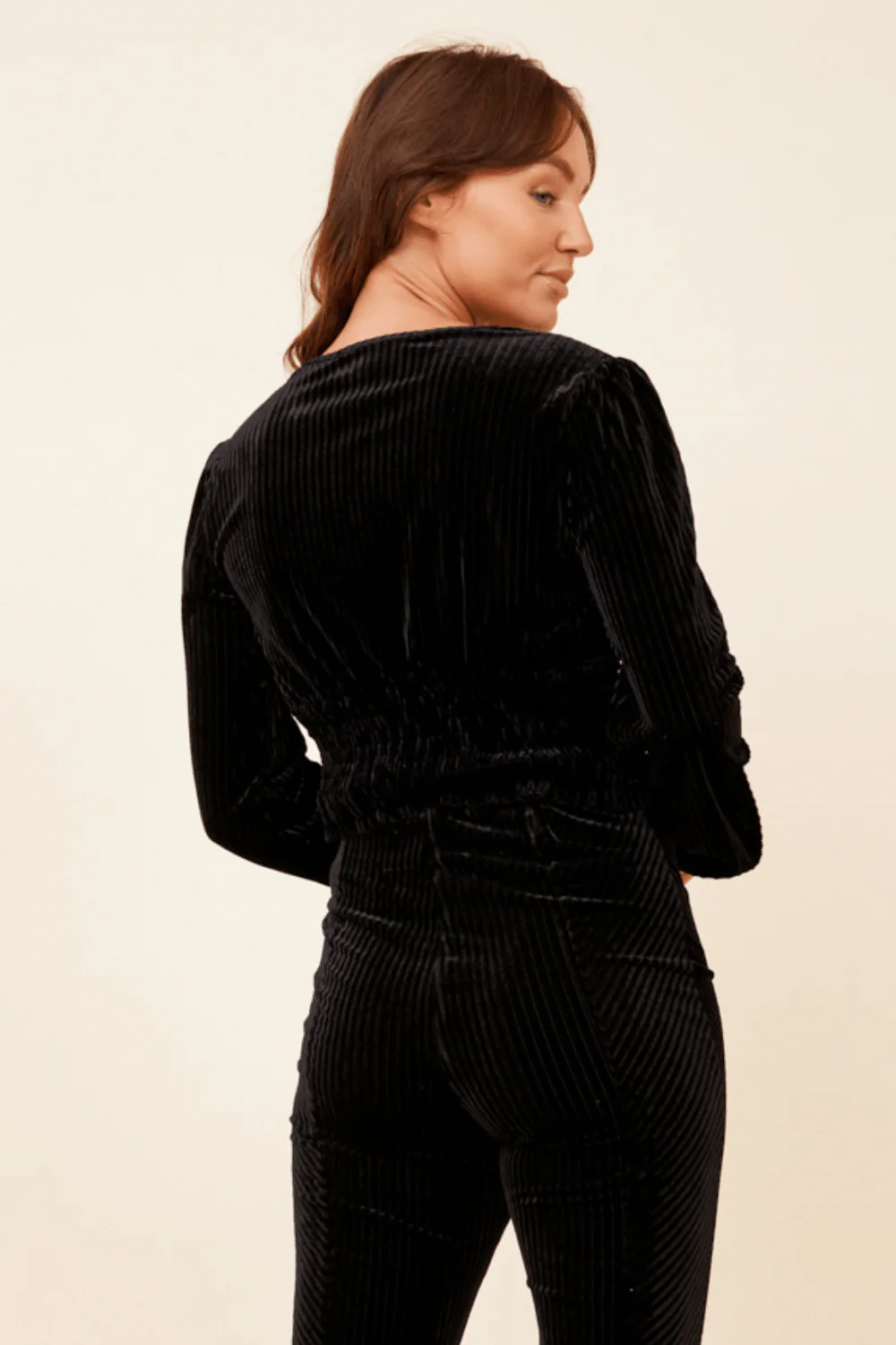 Black Velvet Cord Ruched Top - Image 2