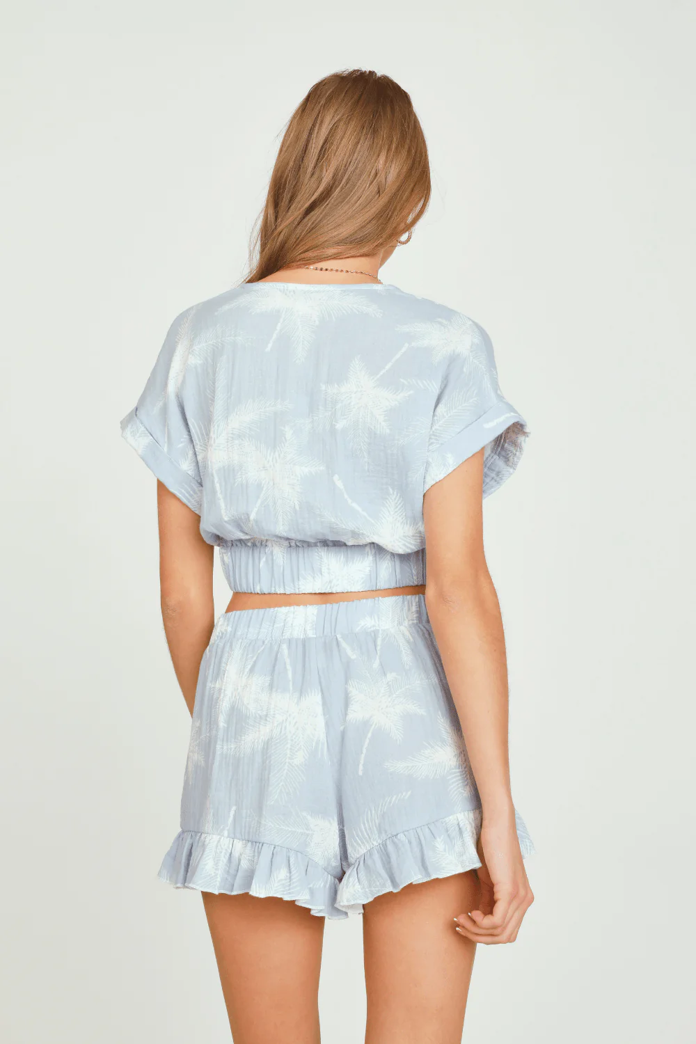 Blue w/ White Palm Trees Printed Gauze Twist Front Top - Image 2