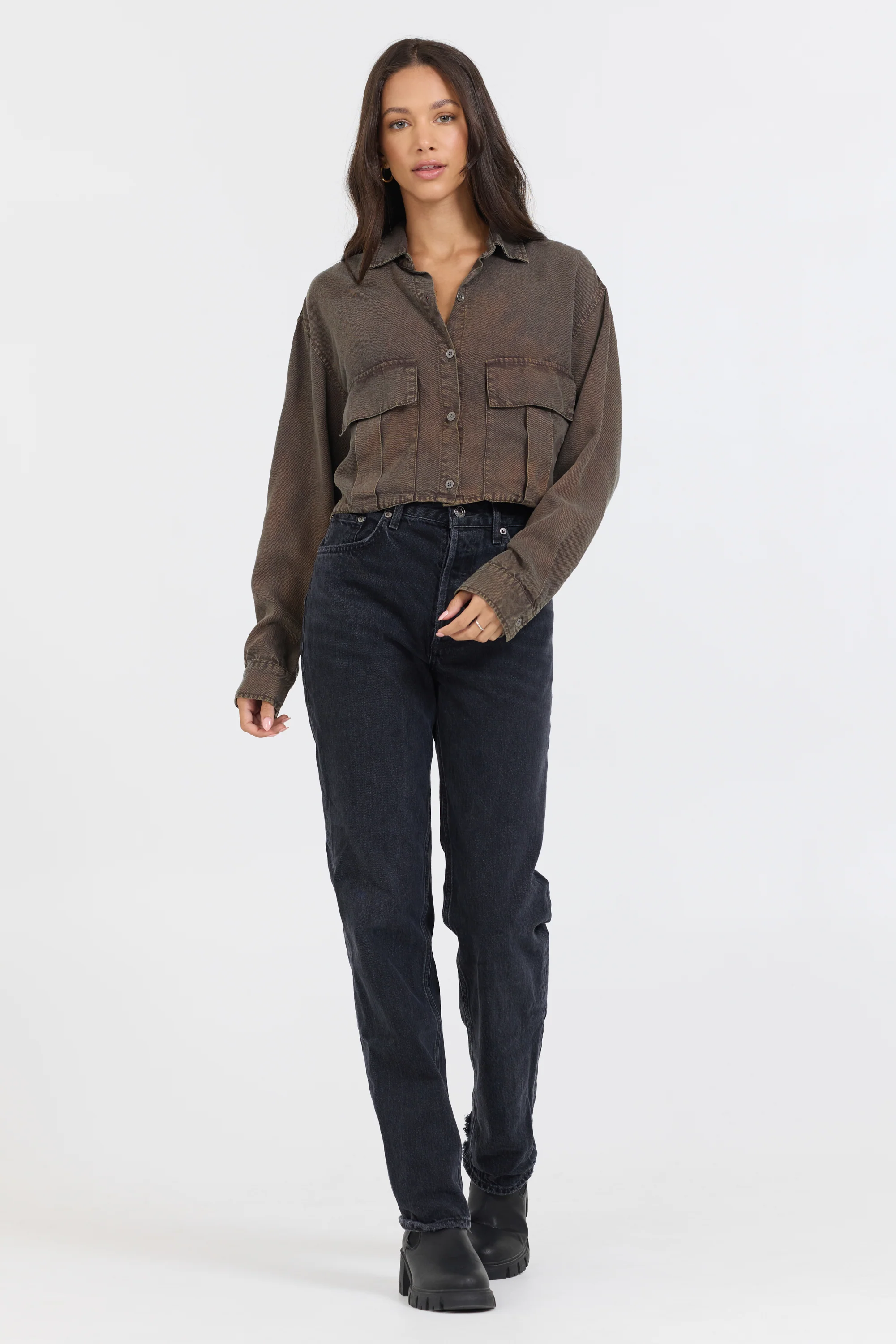 Brown Cropped Pocket Detail Shirt - Image 4