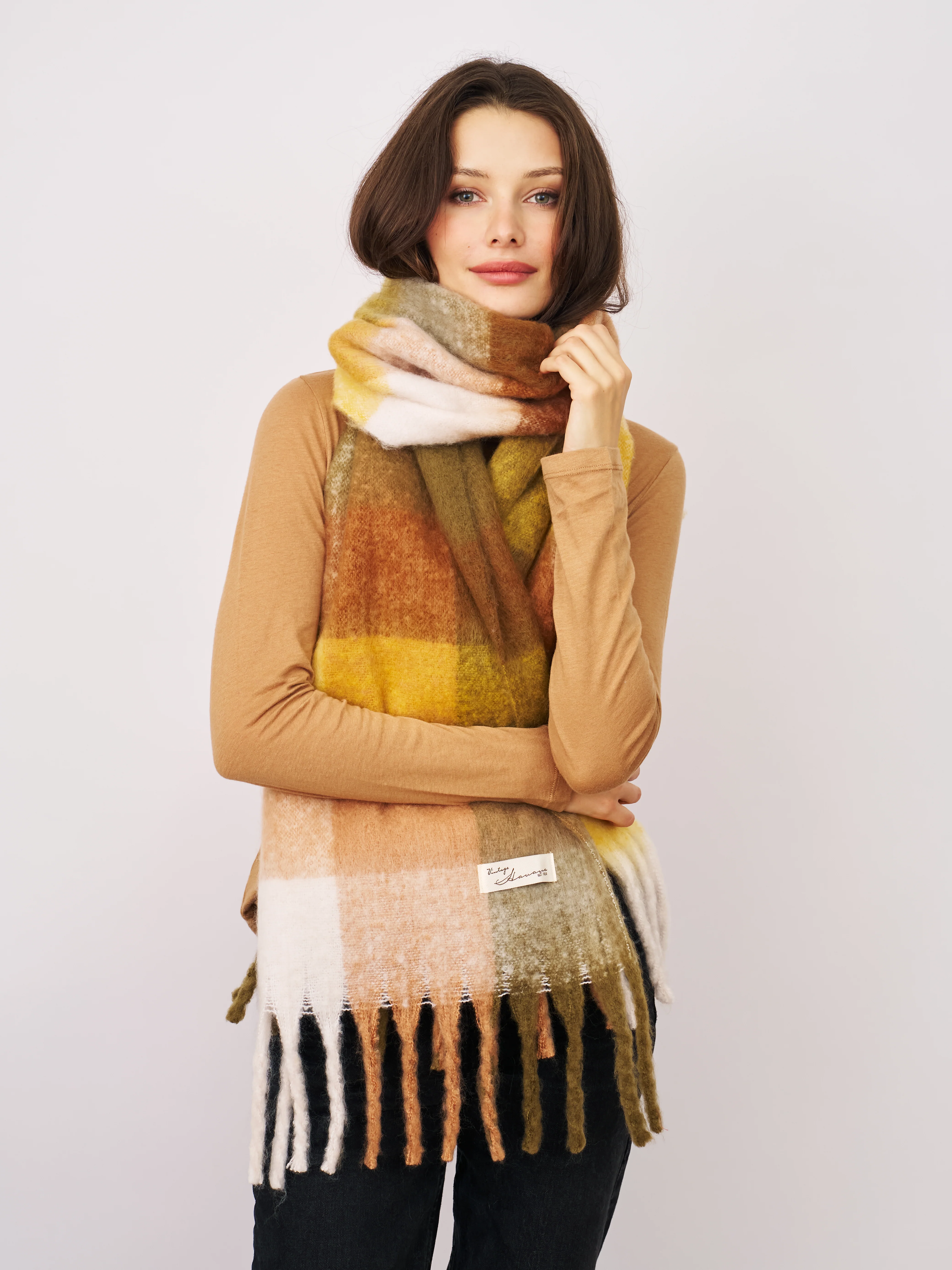 CHECK BRUSH TASSEL SCARF - YELLOW - Image 2