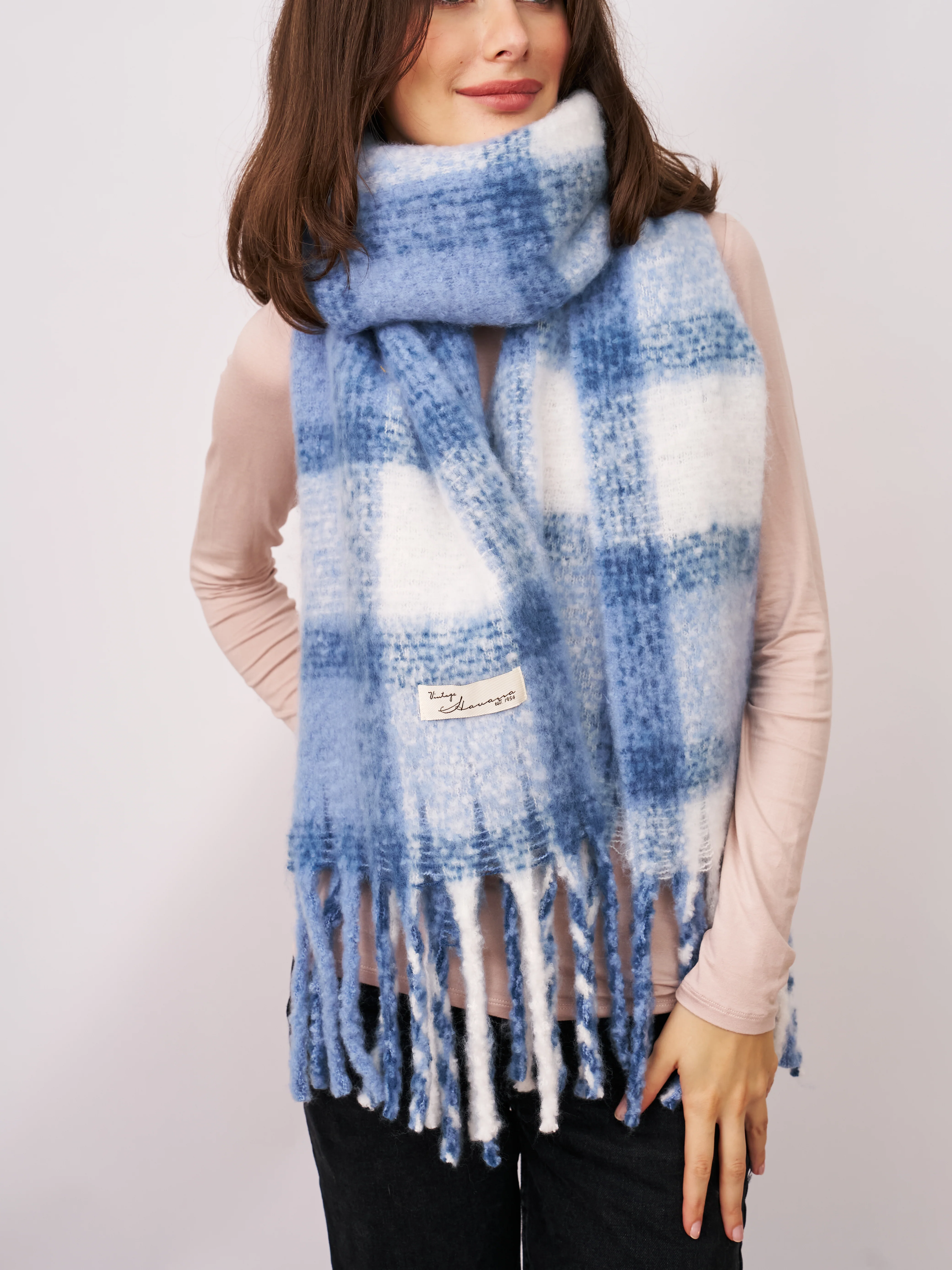 CHECK TASSEL SCARF - BLUE - Image 3