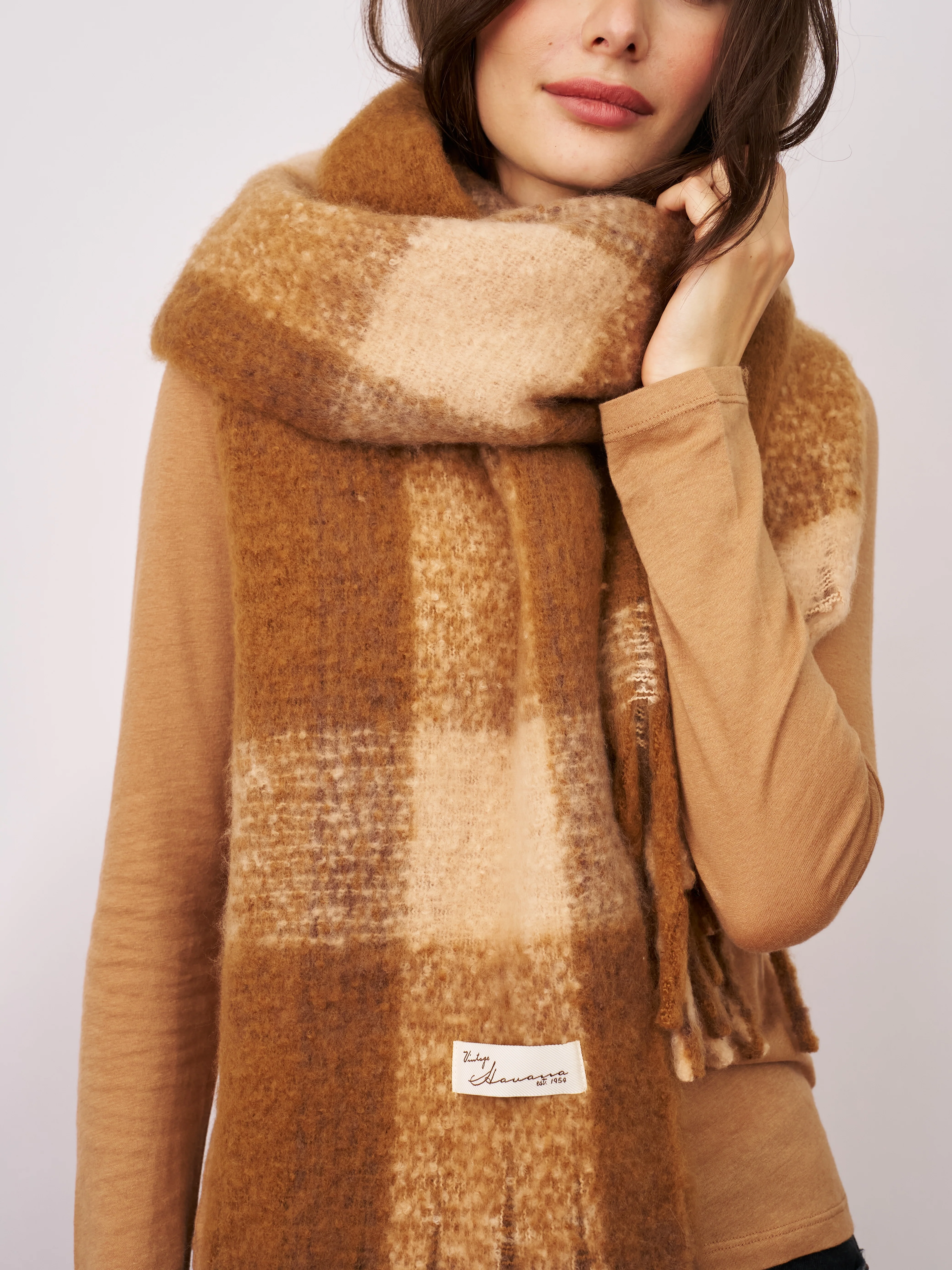 CHECK TASSEL SCARF - TAN - Image 2