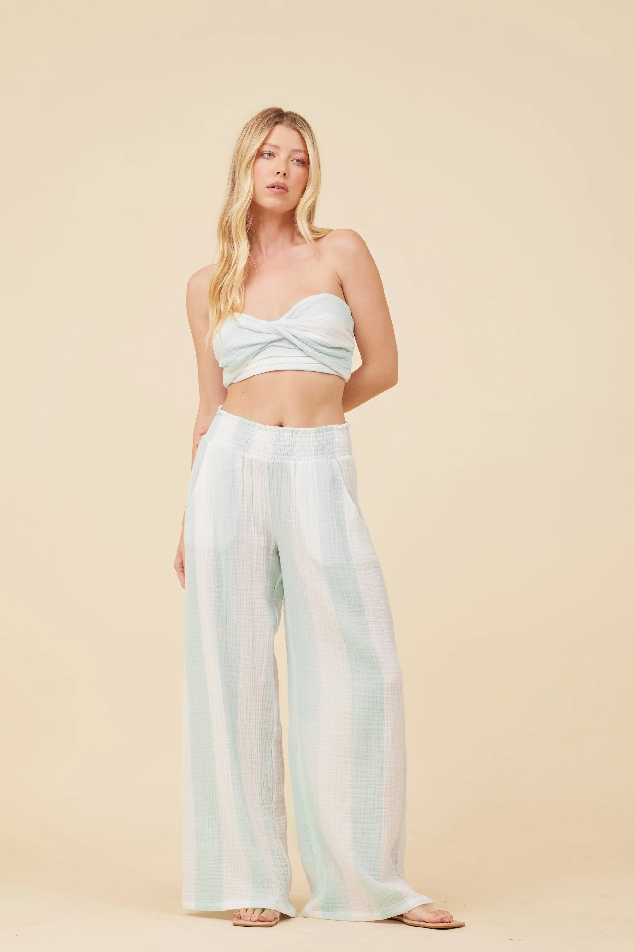 Mint & White Cabana Stripe Gauze Bandeau Crop Top - Image 3