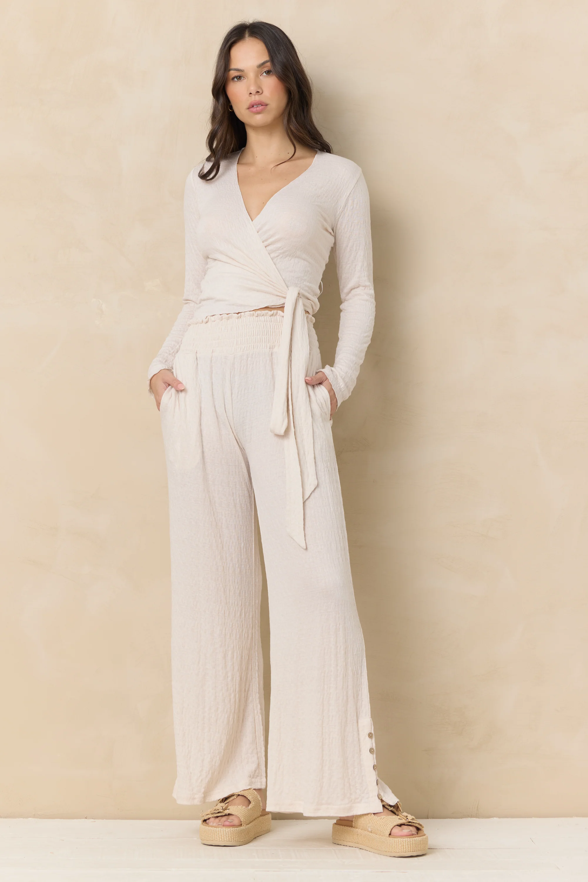 Crinkle Knit Wide Leg Pants