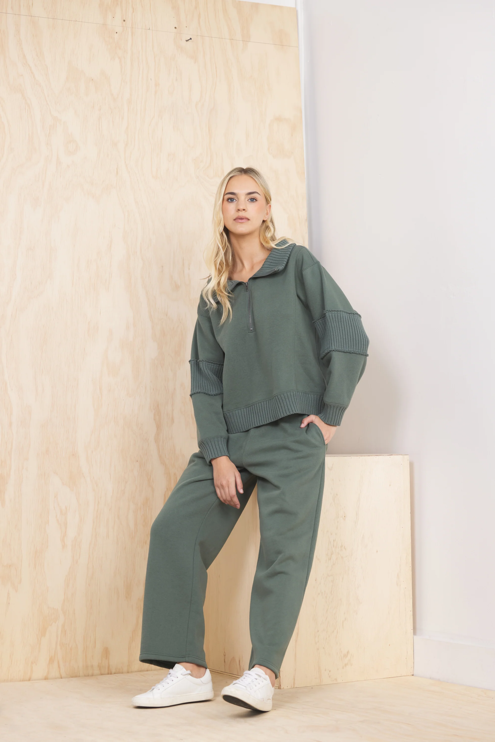 Fleece Pant with Rib Waistband - Olive - Image 5
