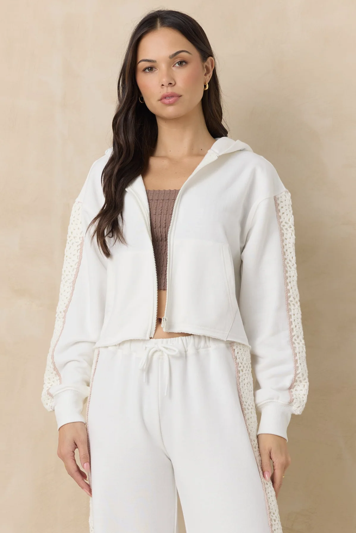 French Terry Zip-Up Sweatshirt with Square Crochet Insert - Image 3