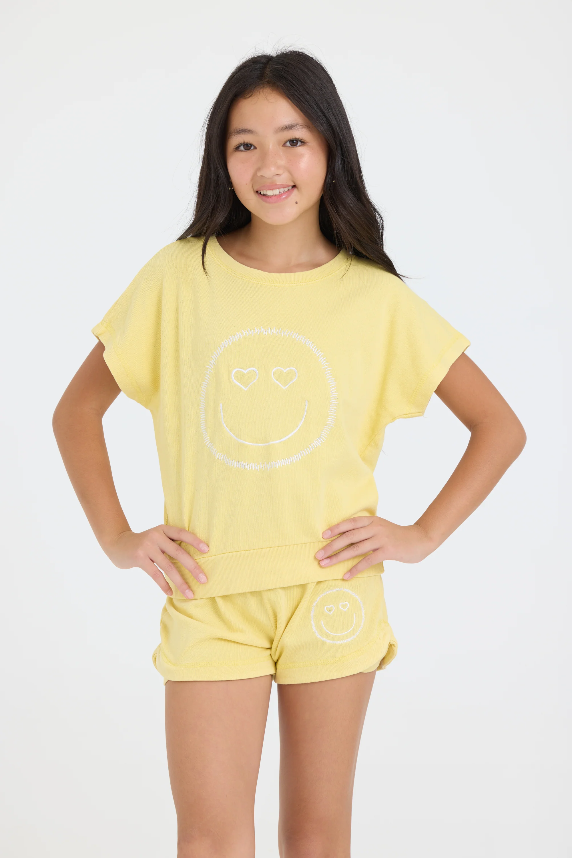Kids Garment Dye Off Shoulder Top with Smile Embroidery - Image 3