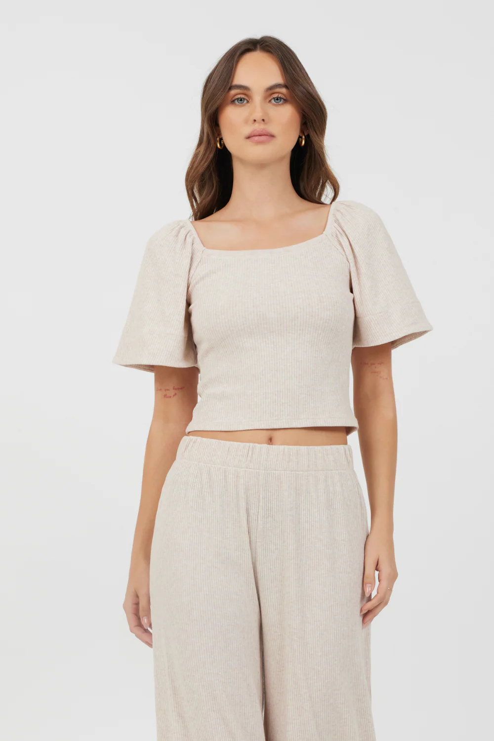 Heather Oatmeal Drapey Knit Puff Sleeve Top - Image 3