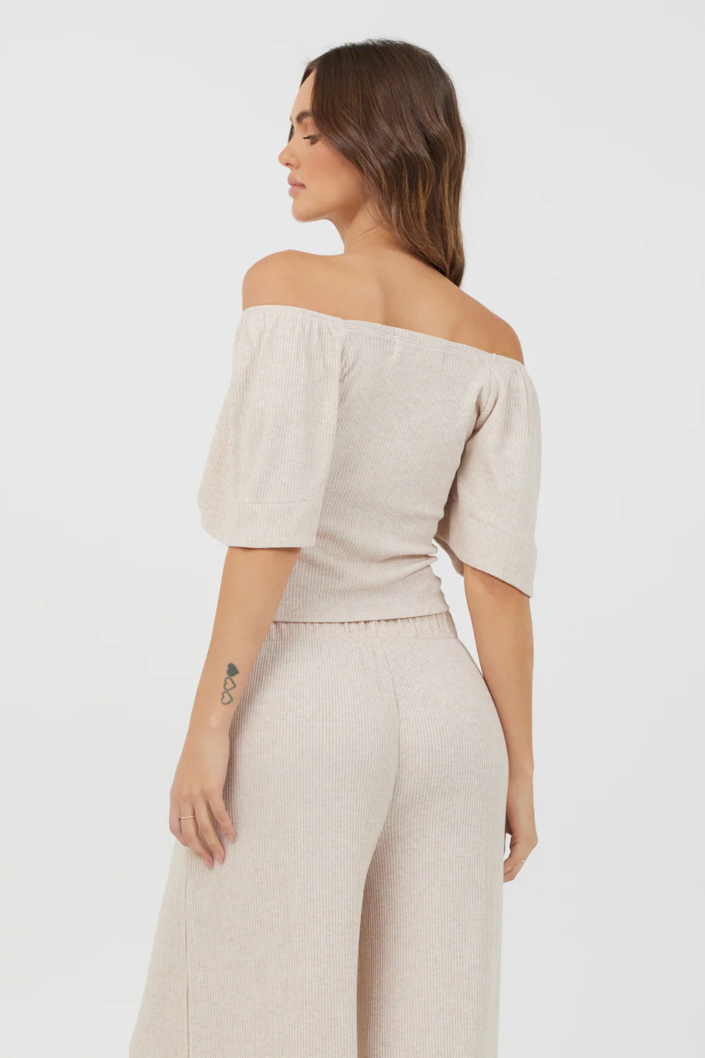 Heather Oatmeal Drapey Knit Puff Sleeve Top - Image 4