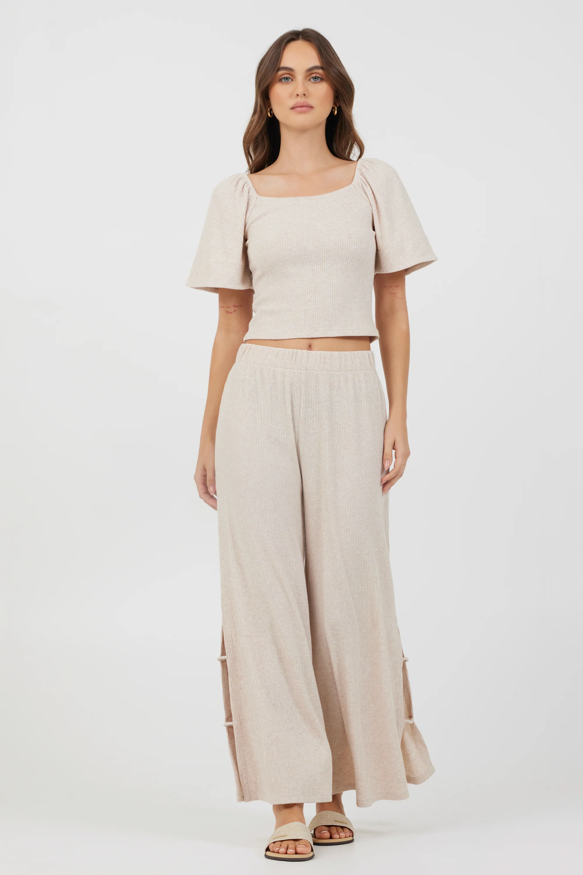 Heather Oatmeal Drapey Knit Puff Sleeve Top - Image 5