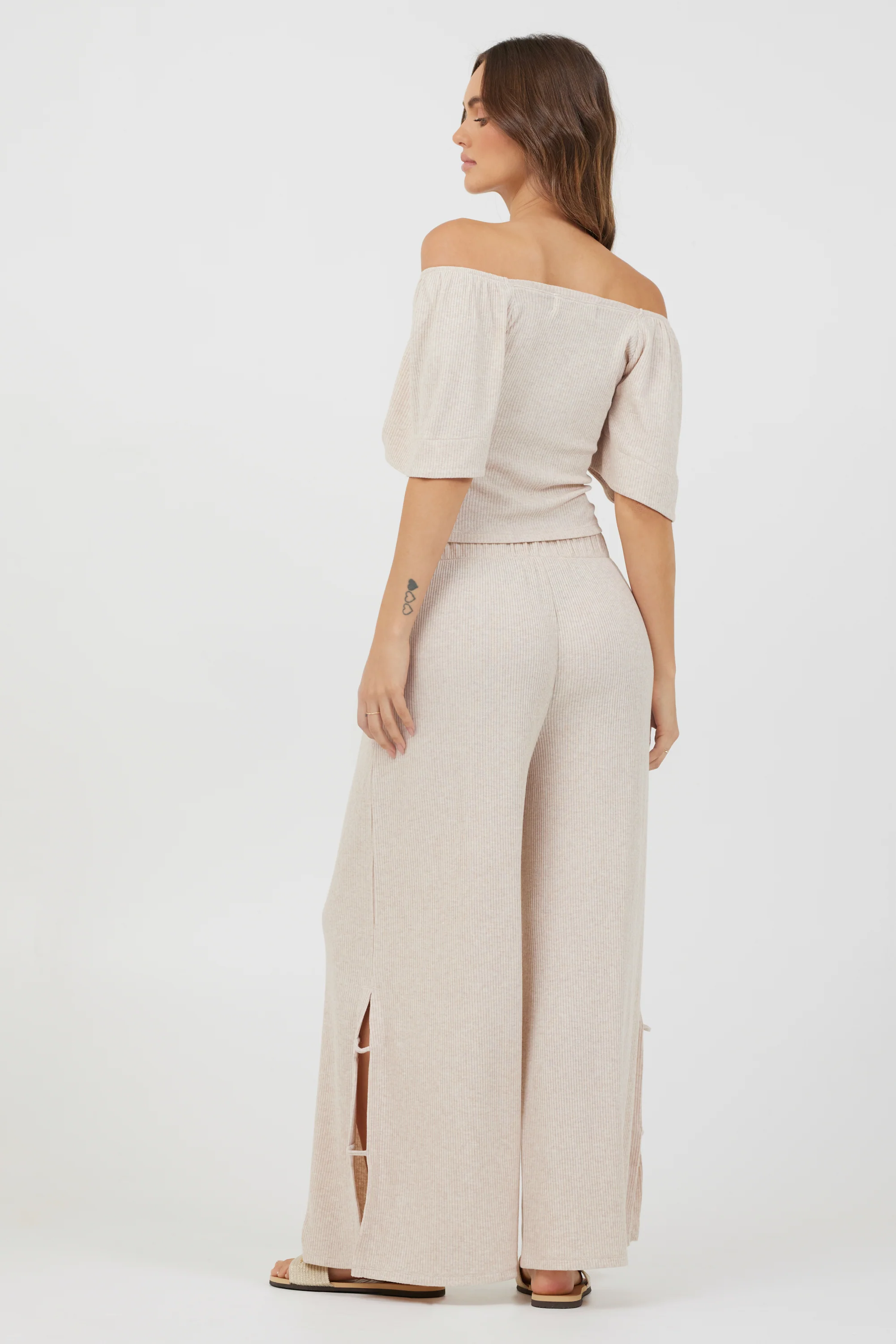 Heather Oatmeal Drapey Knit Puff Sleeve Top - Image 6