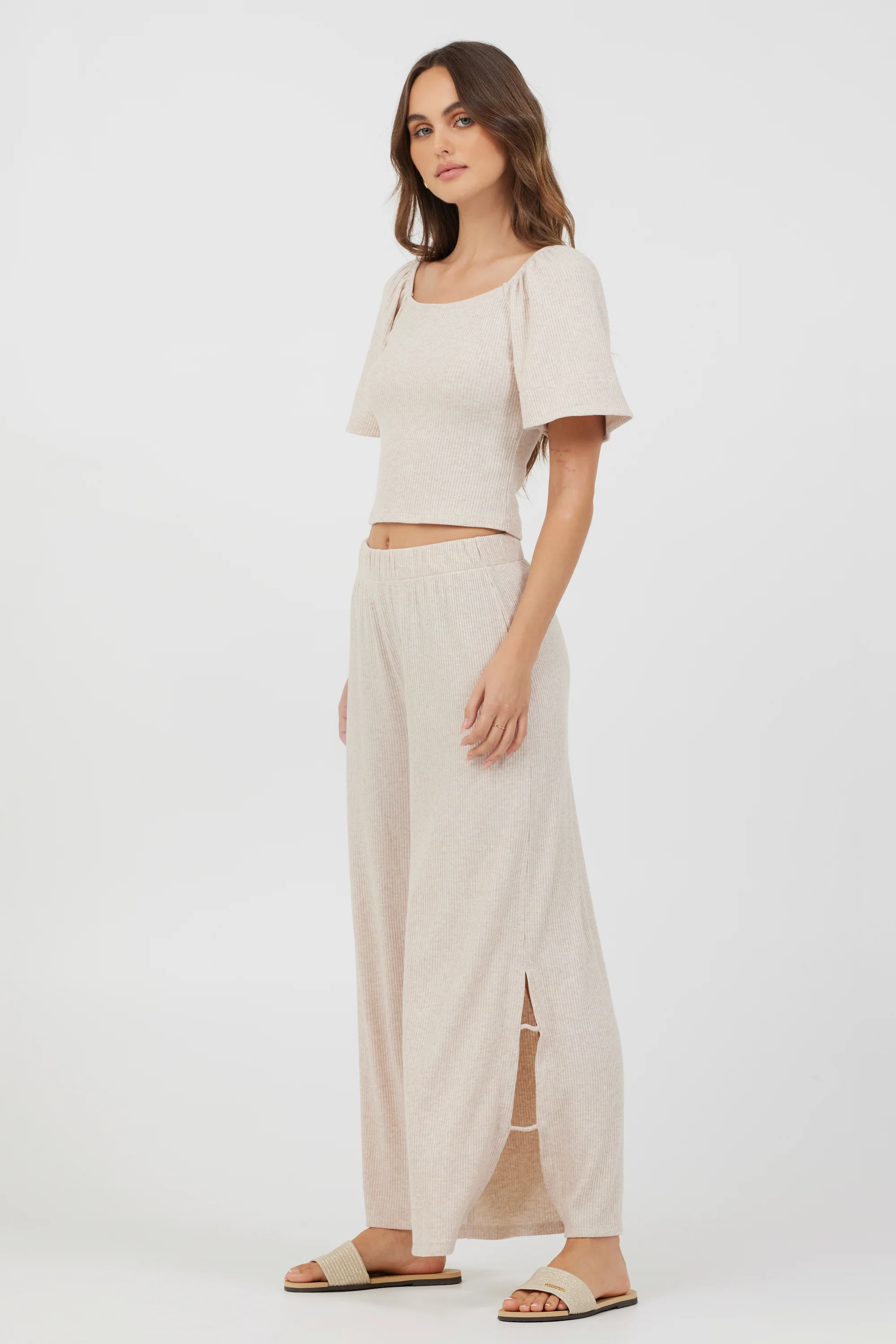 Heather Oatmeal Knit Top + Pants 2-Piece Set