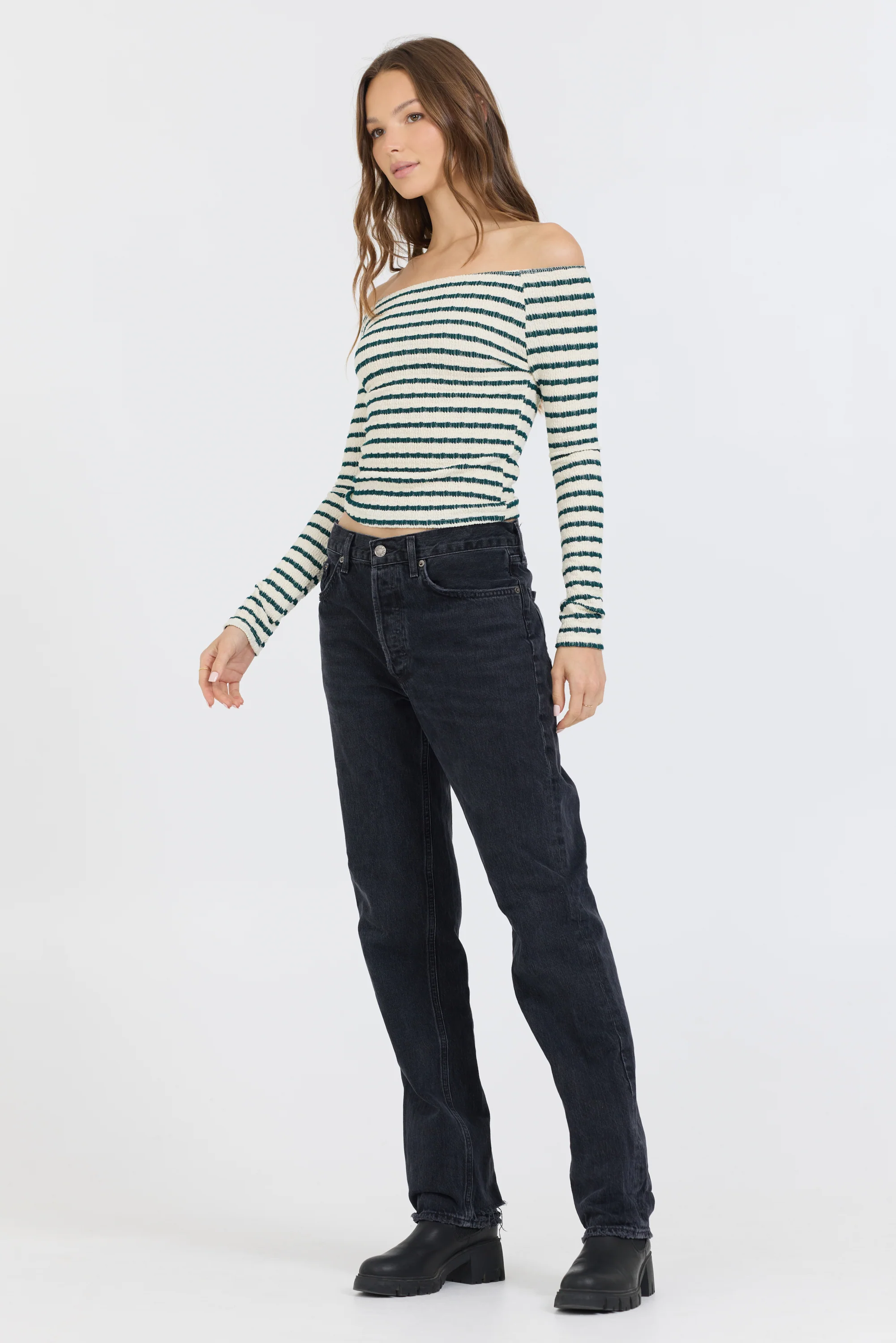 Ivory Green Fitted Off The Shoulder Top - Image 3