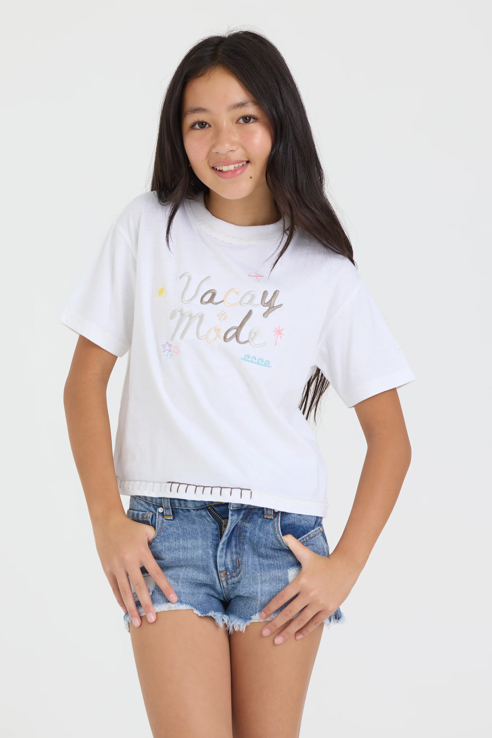 Kids Vacay Mode Embroidered Crochet Stitch Boxy Tee - Image 2