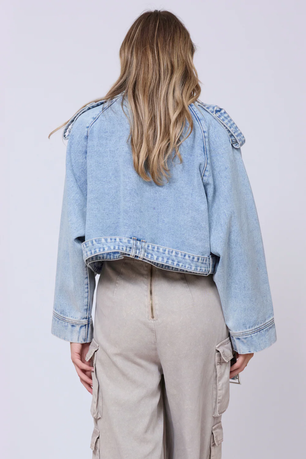 Light Wash Denim Cropped Moto Jacket - Image 3