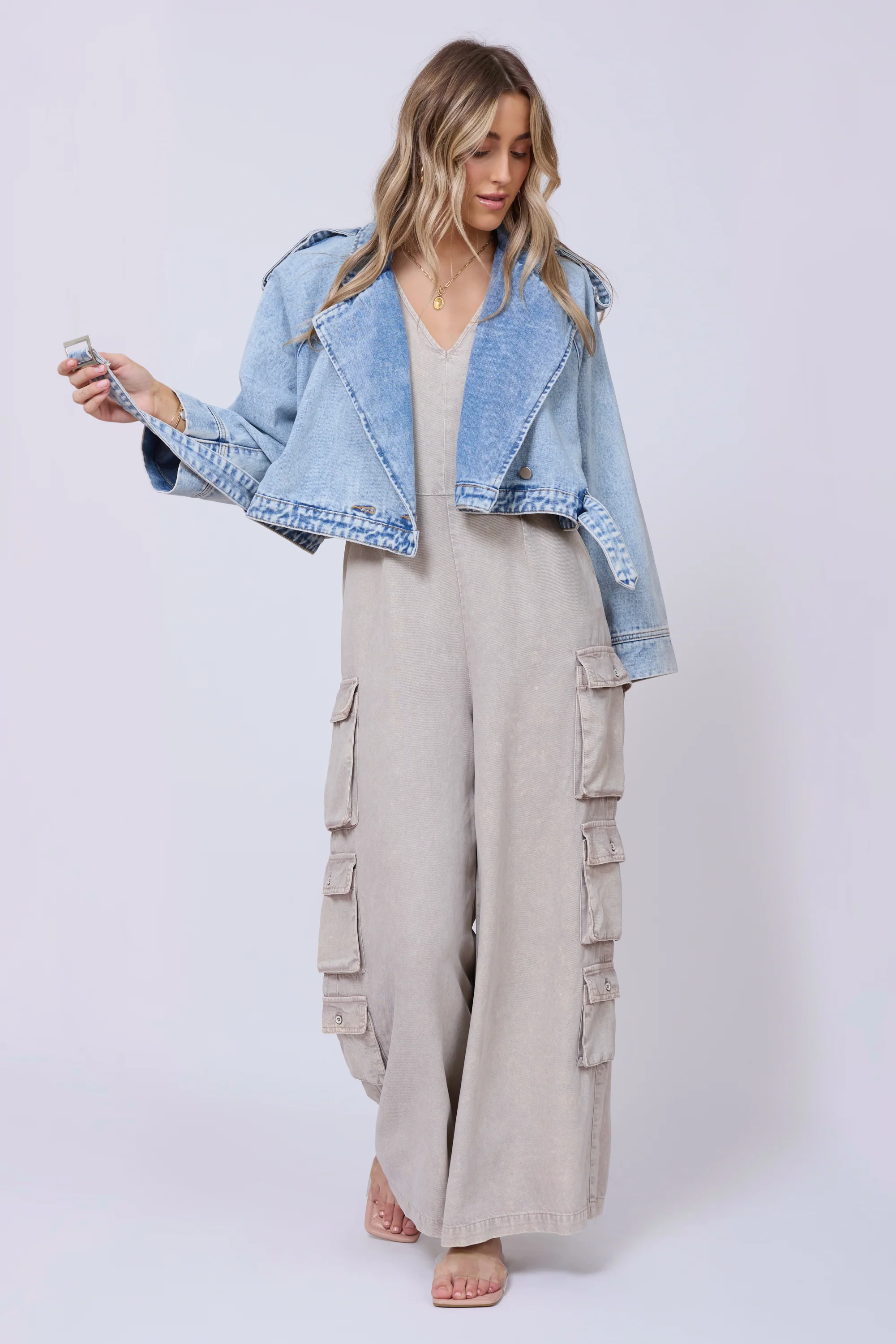 Light Wash Denim Cropped Moto Jacket - Image 4