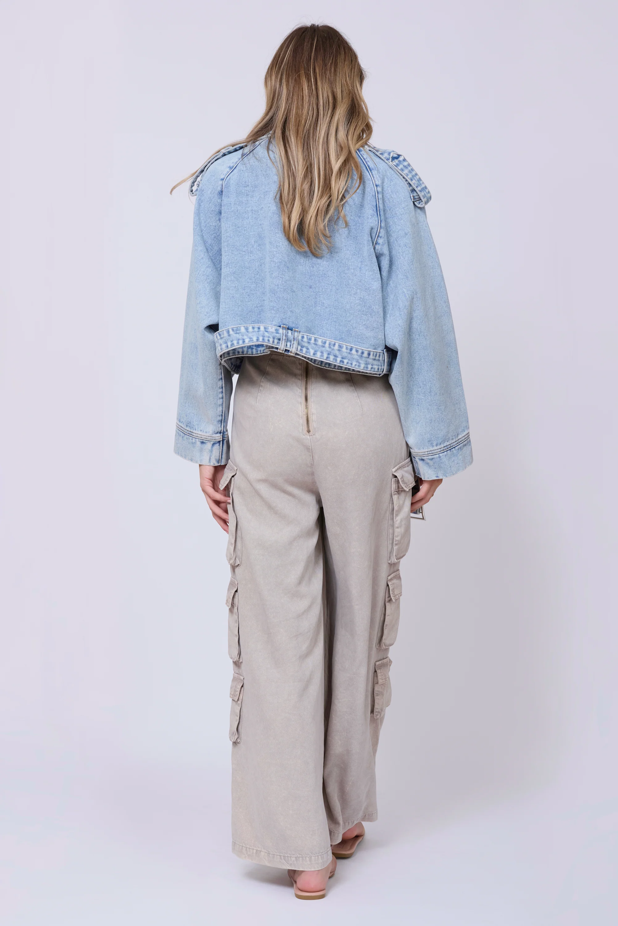 Light Wash Denim Cropped Moto Jacket - Image 5