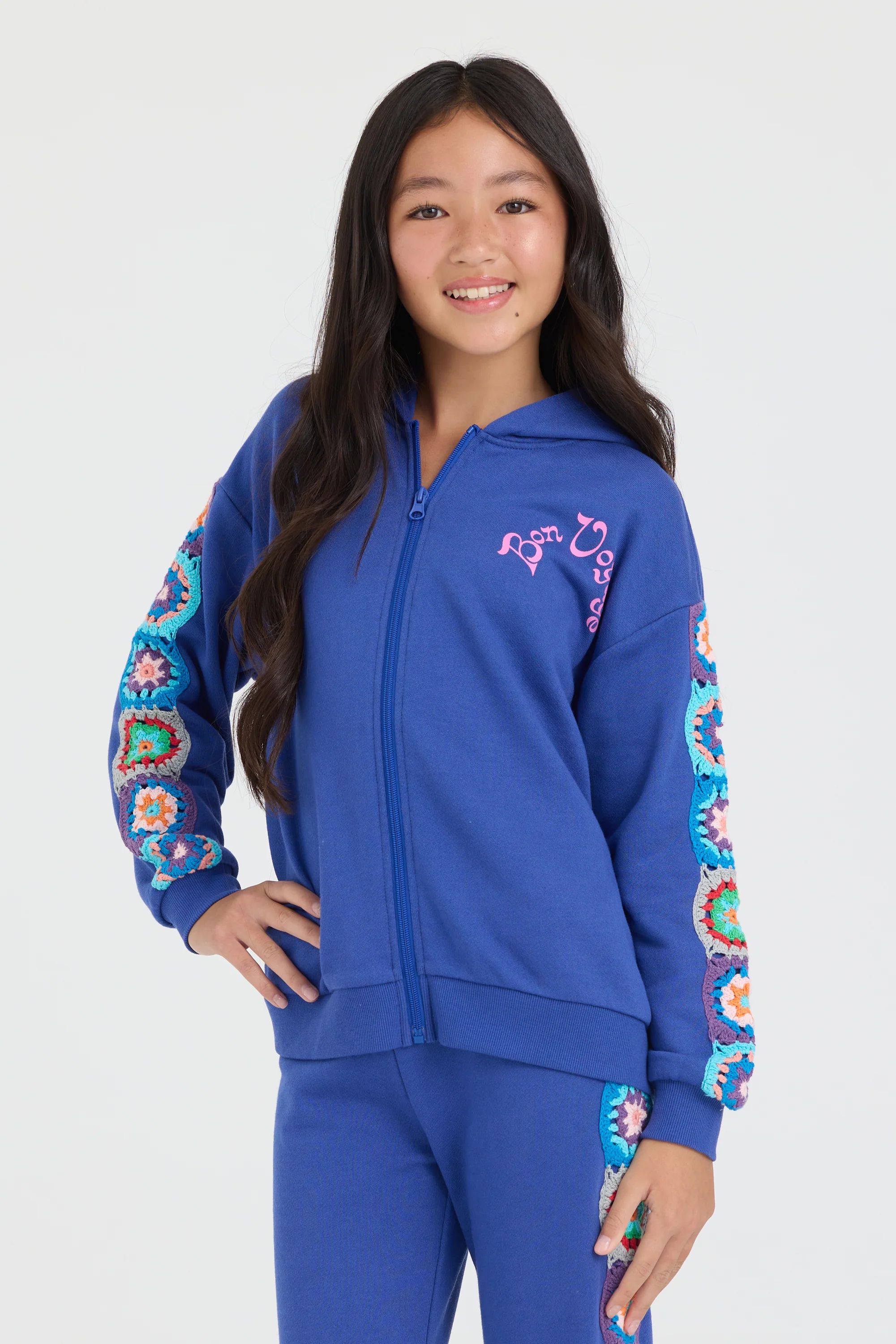 Kids Navy Cropped Full Zip Hoodie w/Crochet - Image 3