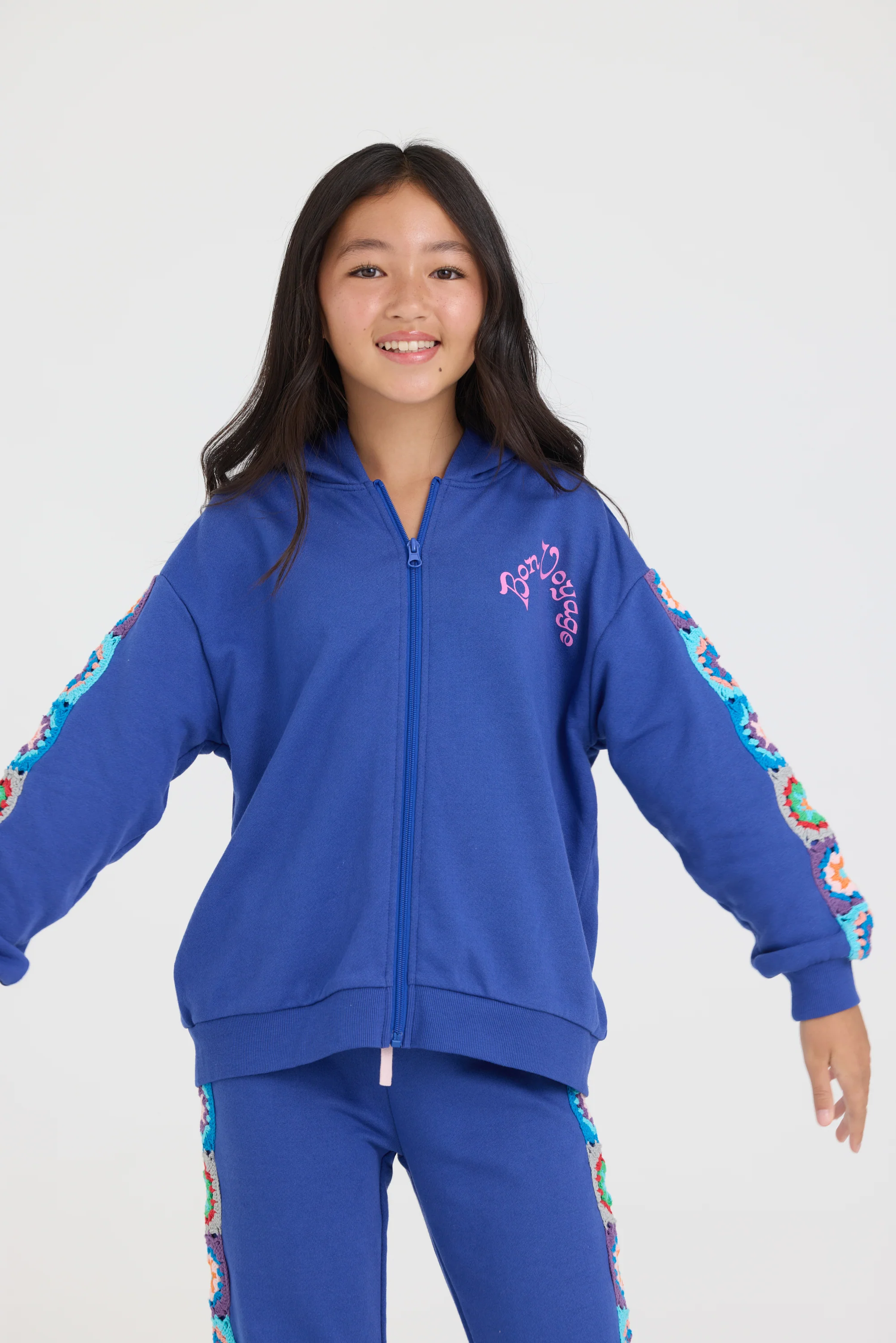 Kids Navy Cropped Full Zip Hoodie w/Crochet - Image 4