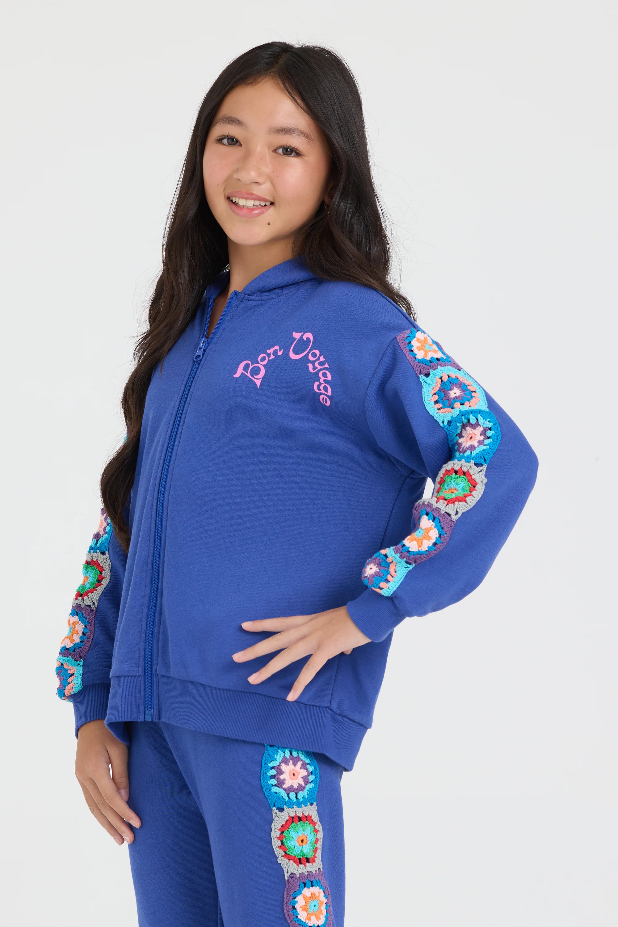 Kids Navy Cropped Full Zip Hoodie w/Crochet - Image 5