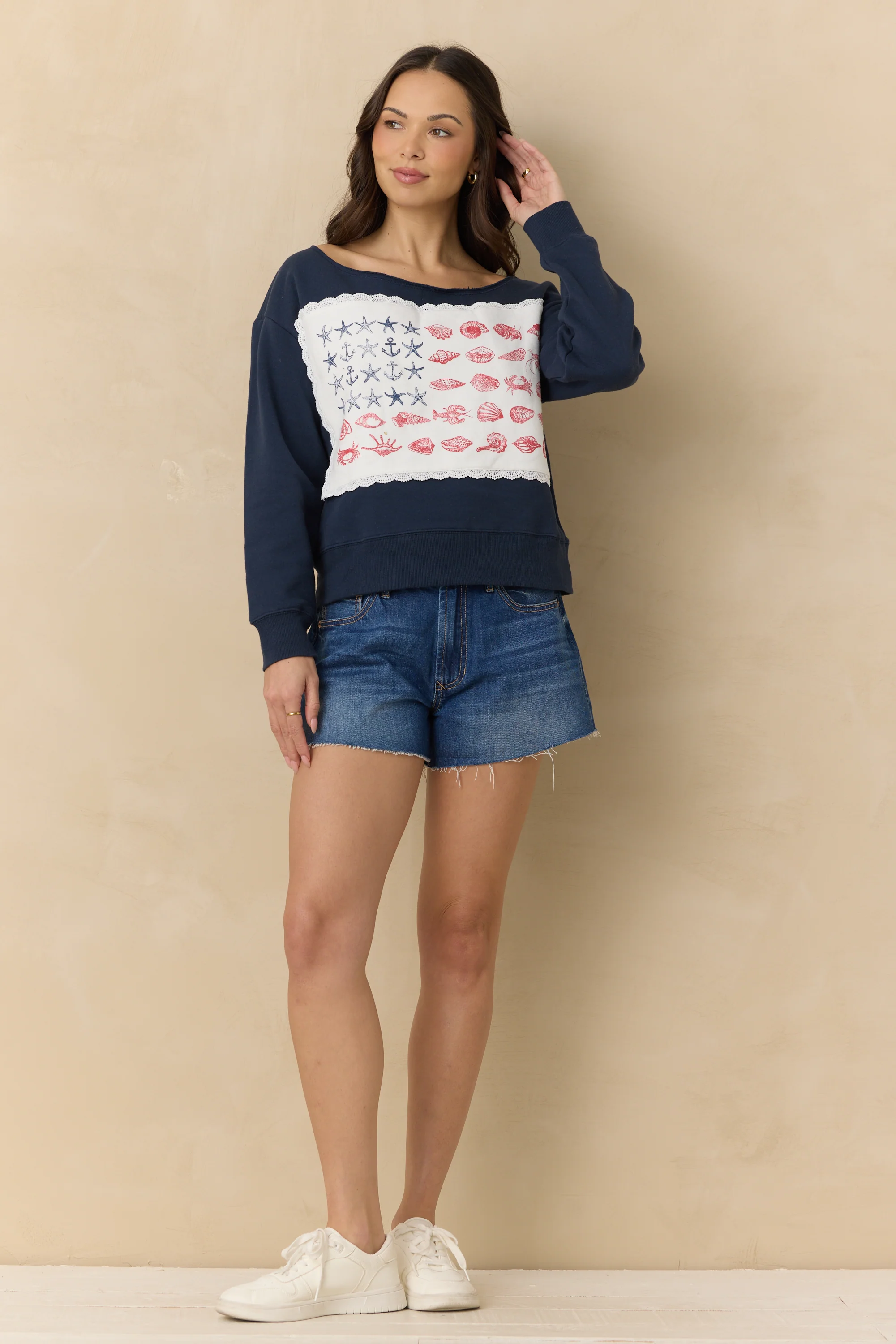 Off the Shoulder Sweatshirt with Coastal Flag - Image 2