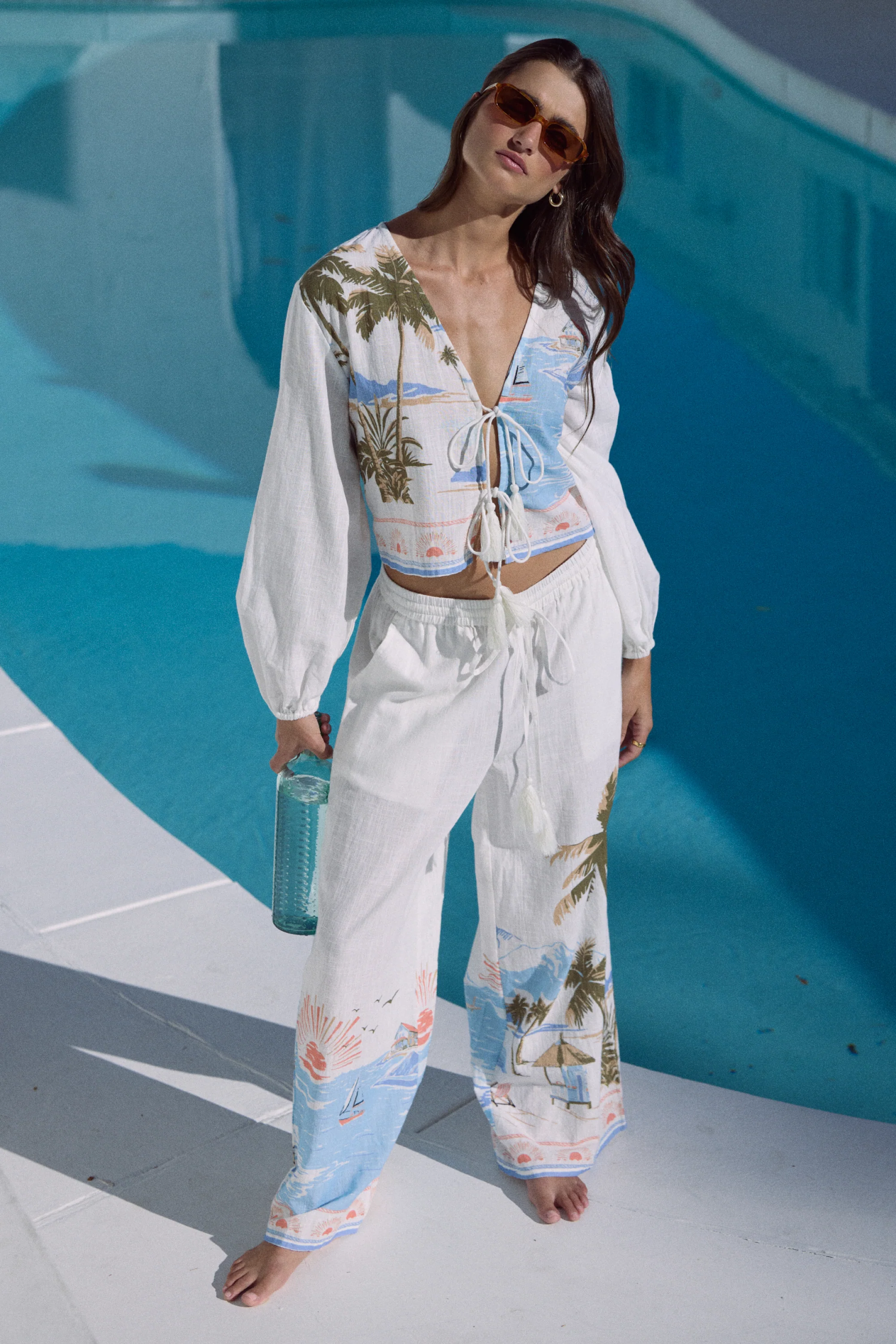 Printed Linen Long Sleeve Tie Top - Image 3