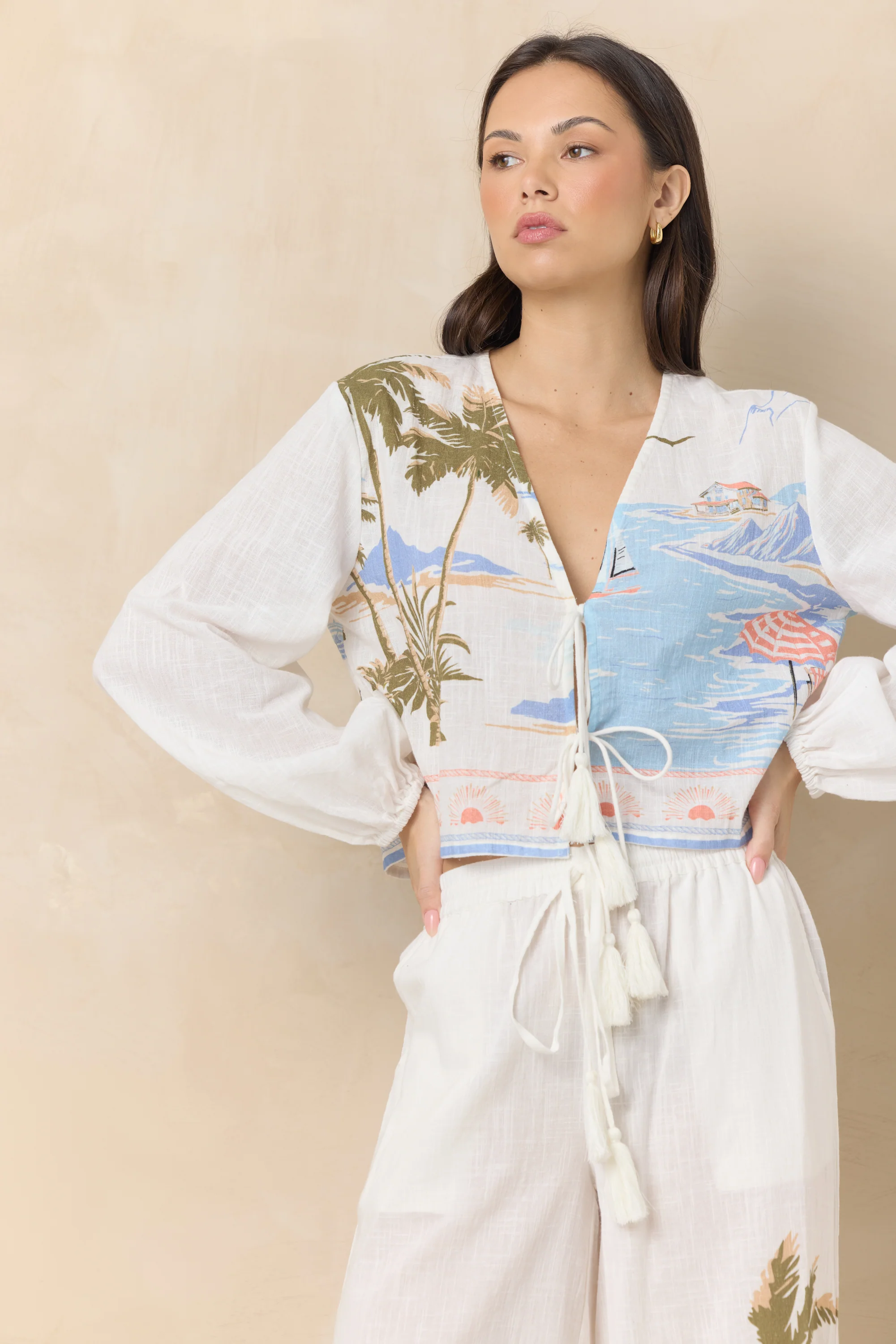 Printed Linen Long Sleeve Tie Top - Image 4