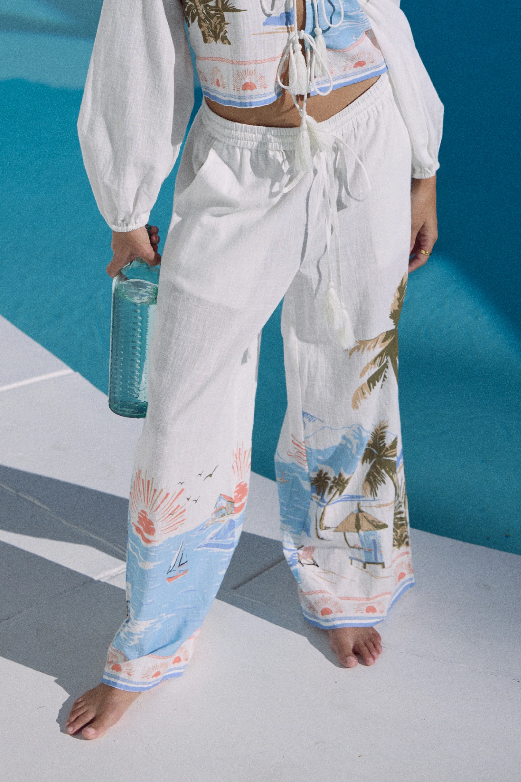 Printed Linen Wide Leg Pant