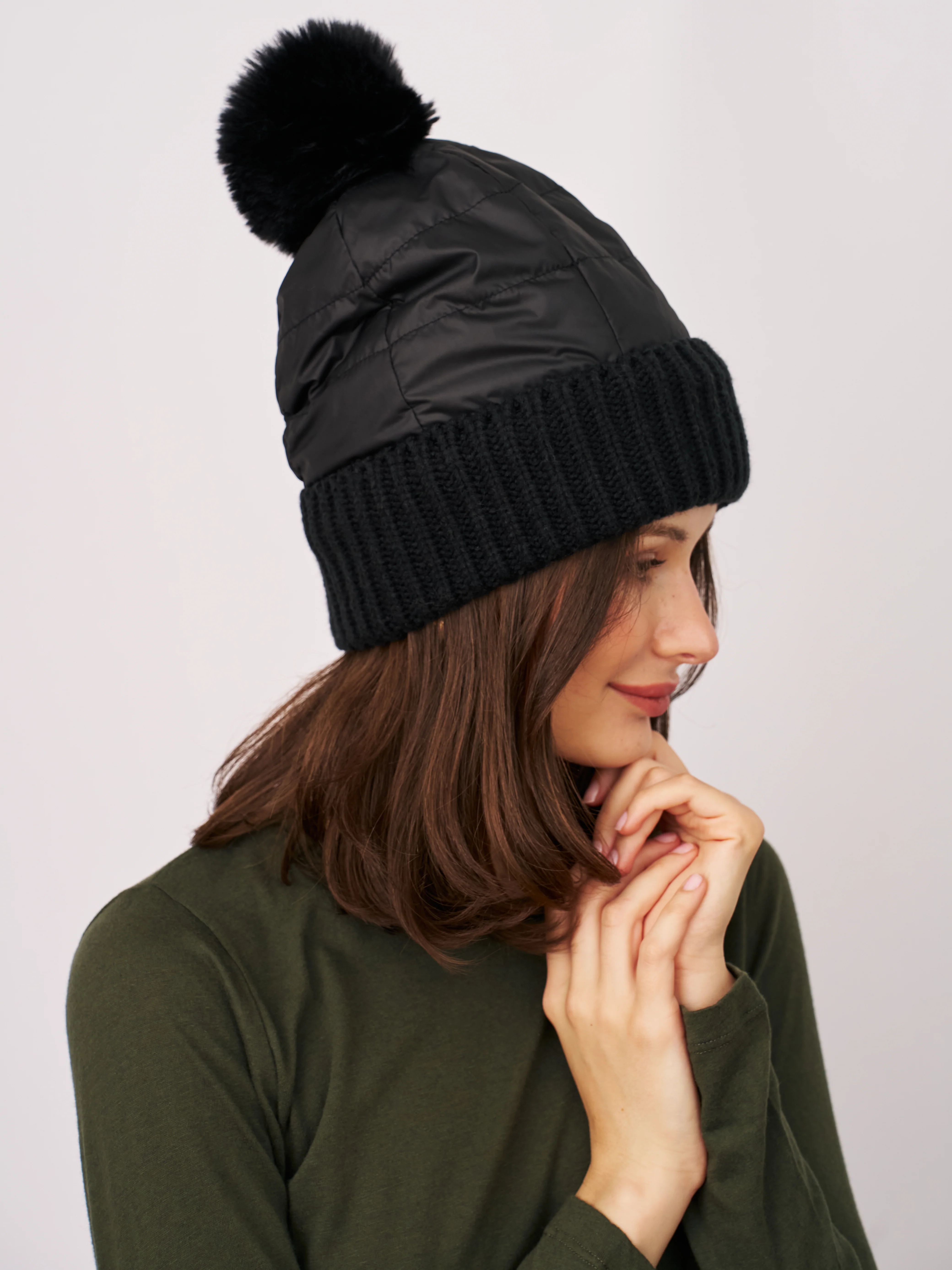 PUFFER POMPOM HAT - BLACK - Image 2