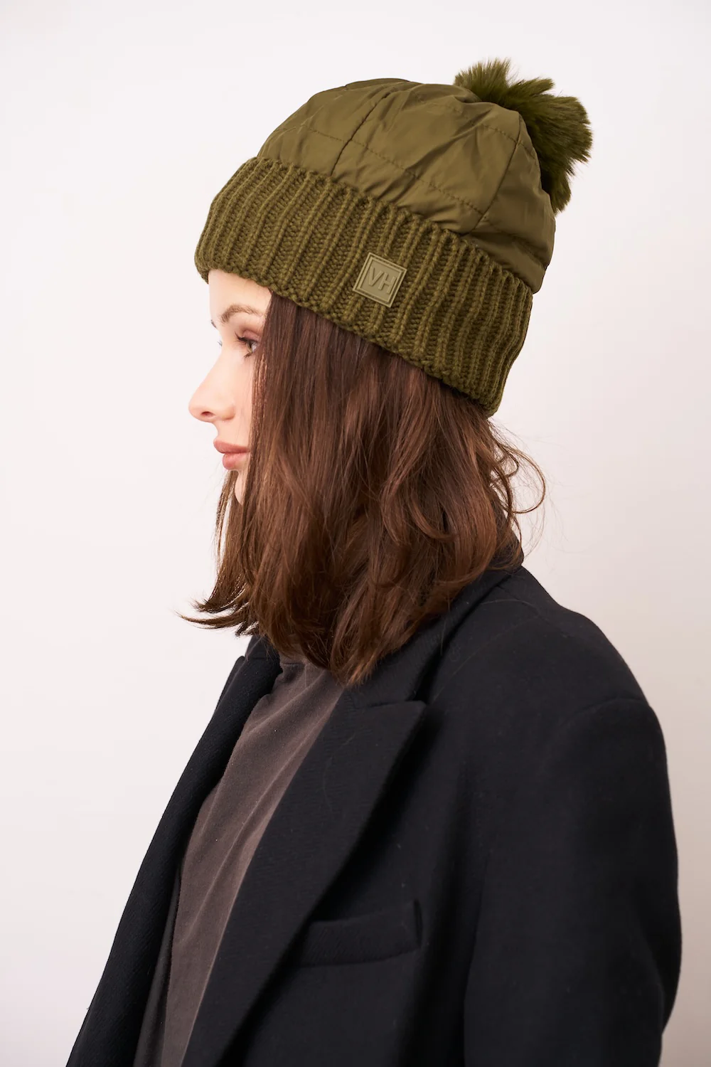 PUFFER POMPOM HAT - OLIVE - Image 3