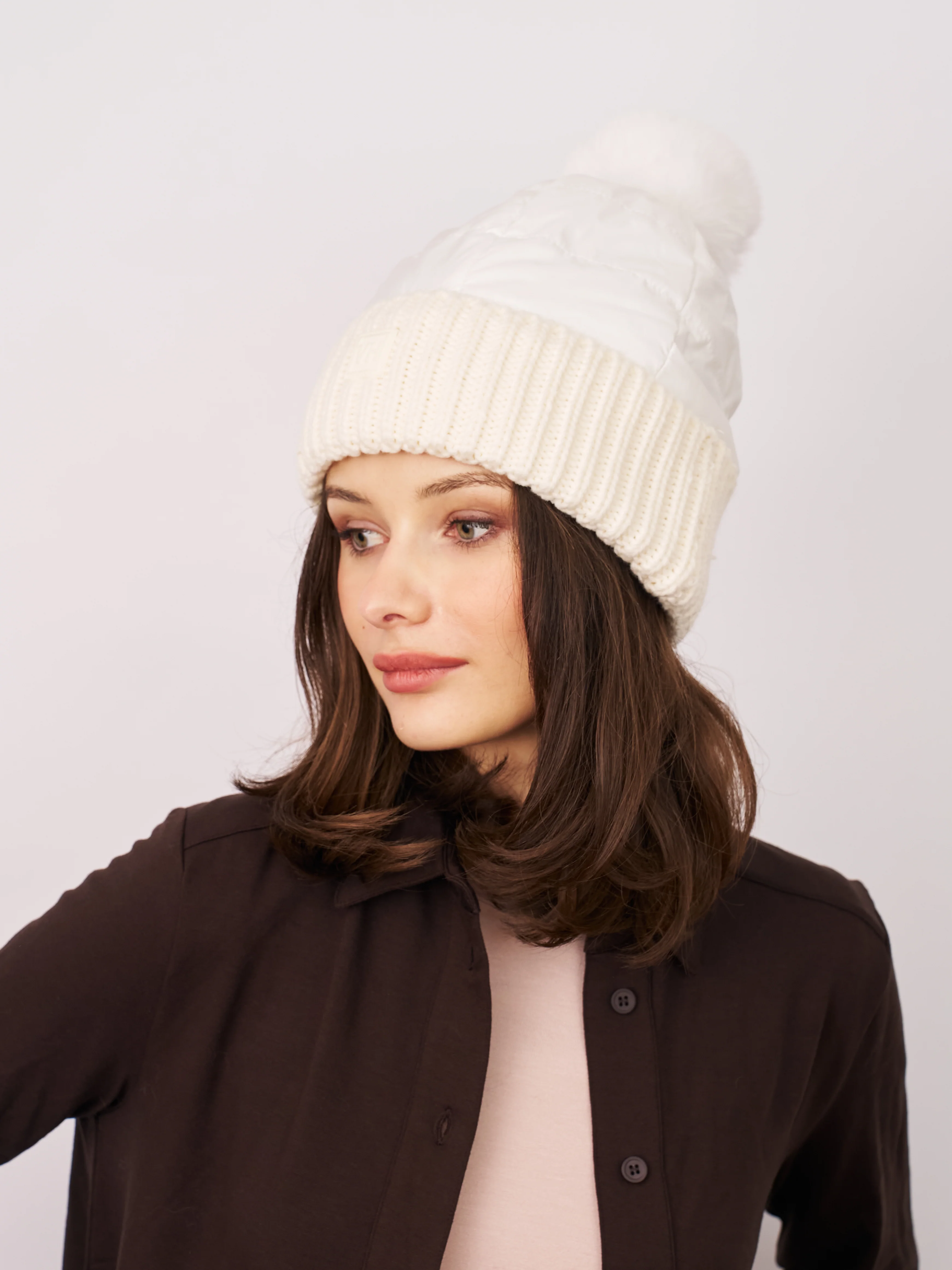 PUFFER POMPOM HAT - WHITE - Image 2