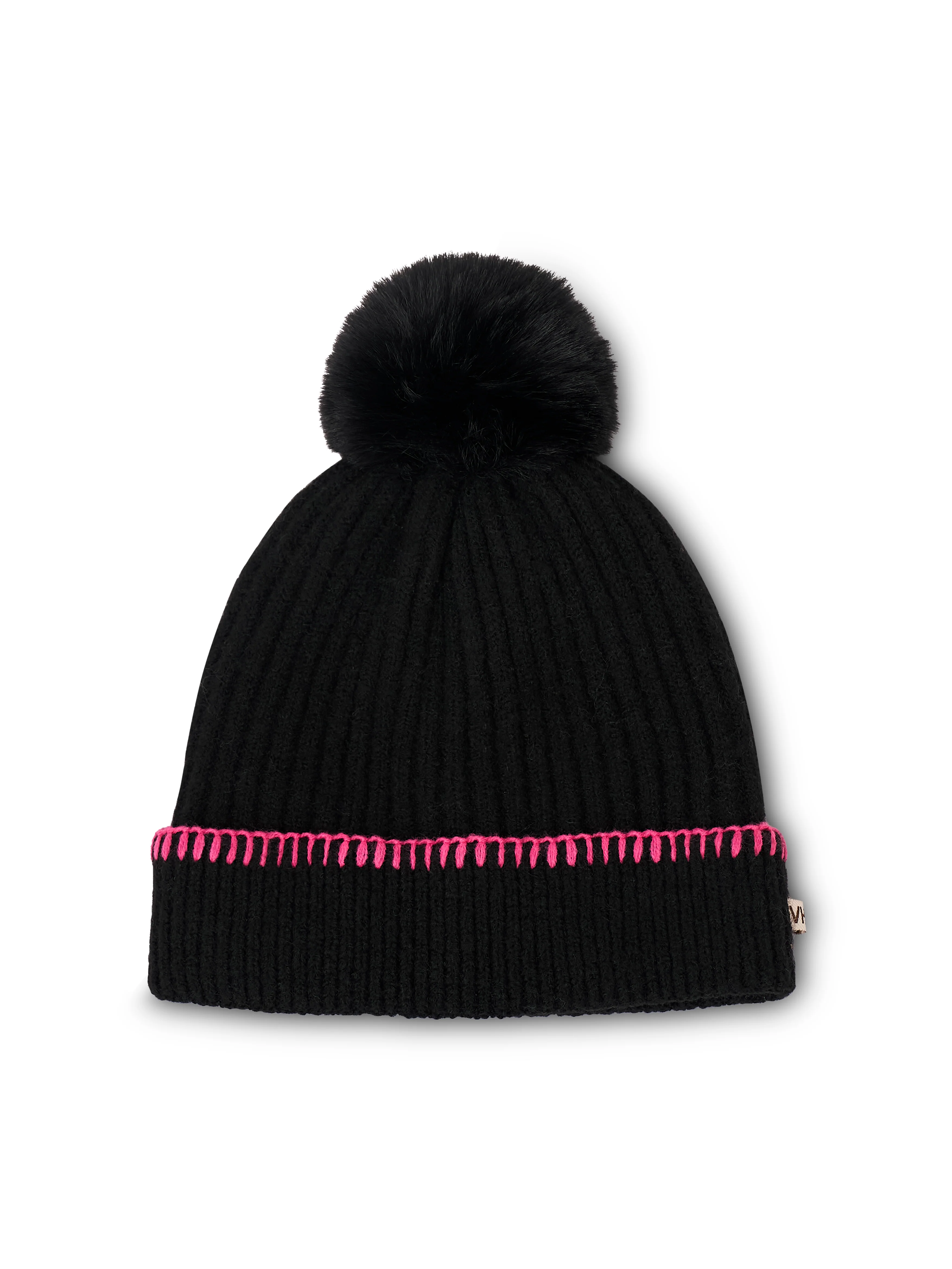 RIBBED POMPOM BEANIE - BLACK/PINK - Image 4