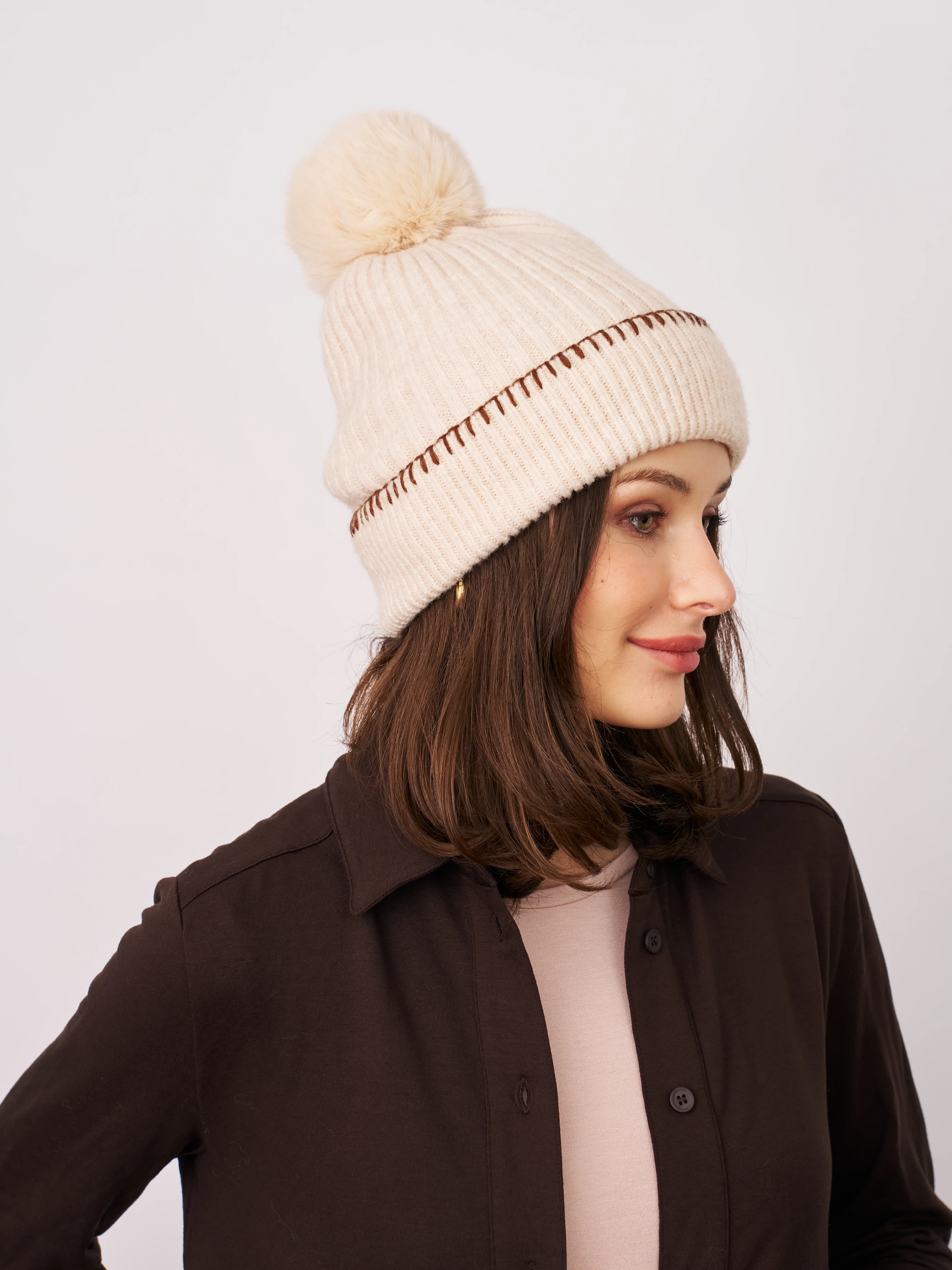 RIBBED POMPOM BEANIE - IVORY/TAN - Image 3