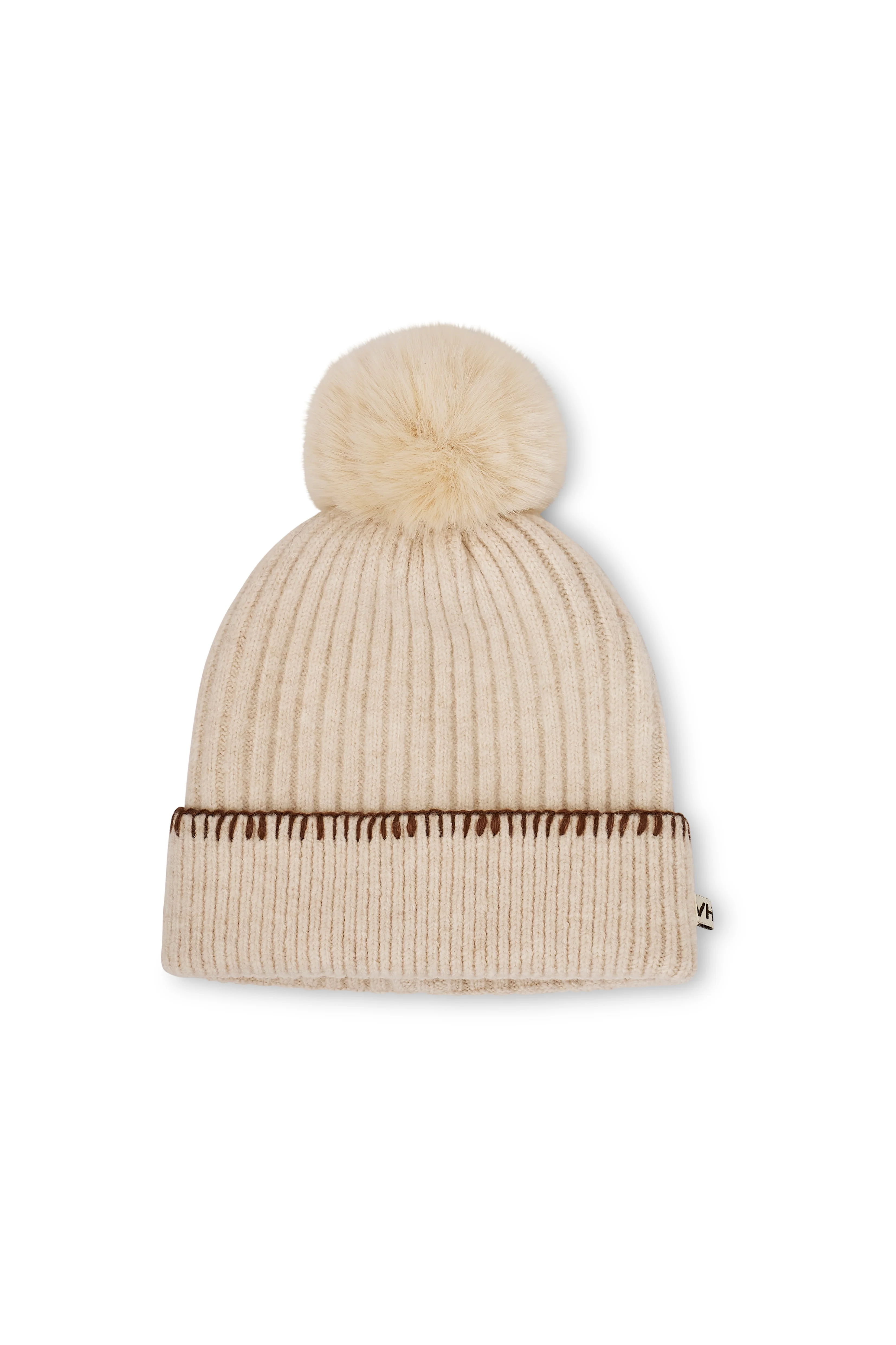 RIBBED POMPOM BEANIE - IVORY/TAN - Image 4