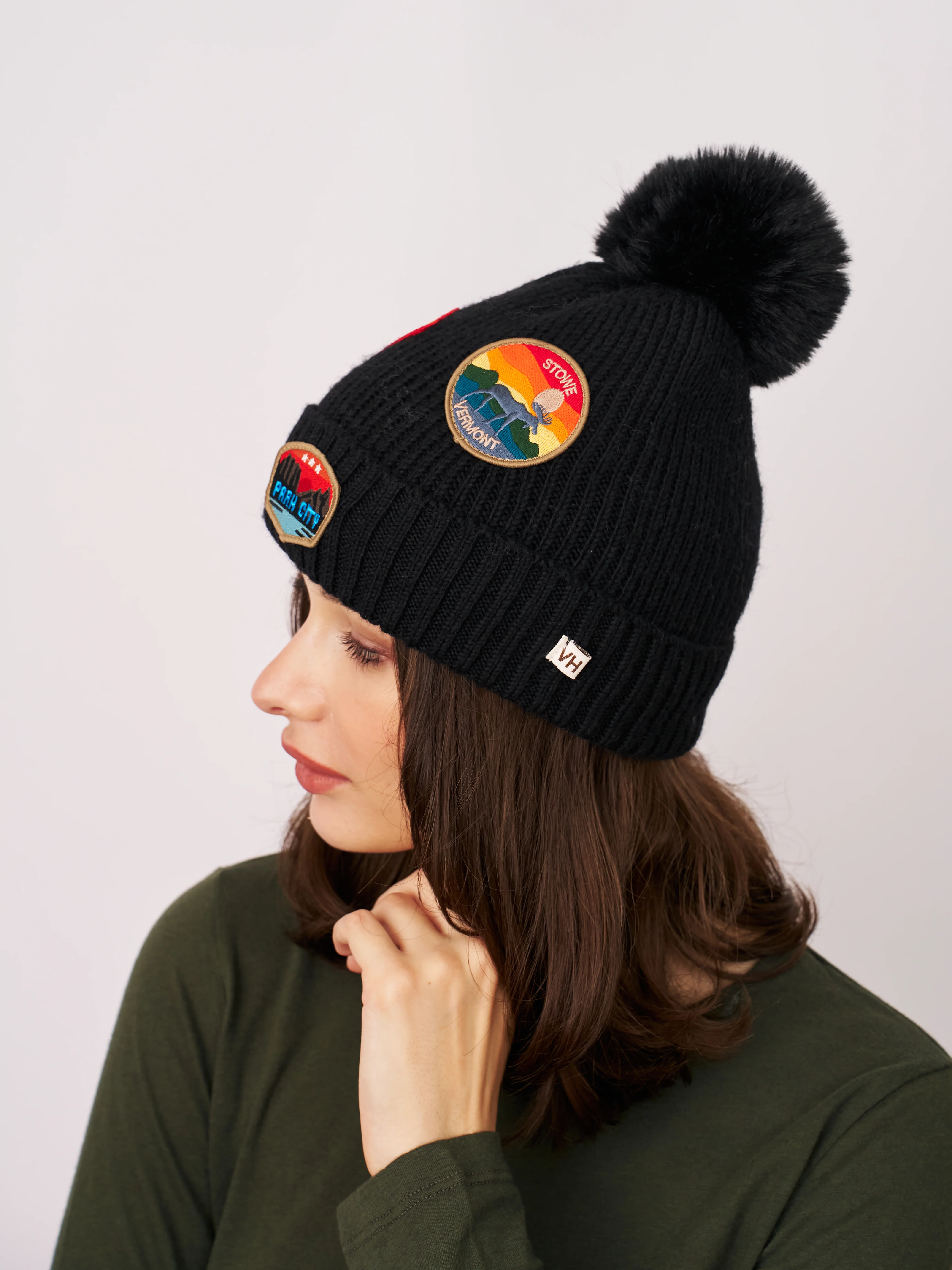 RIBBED POMPOM BEANIE WITH LAKE TAHOE PATCH - BLACK - Image 2