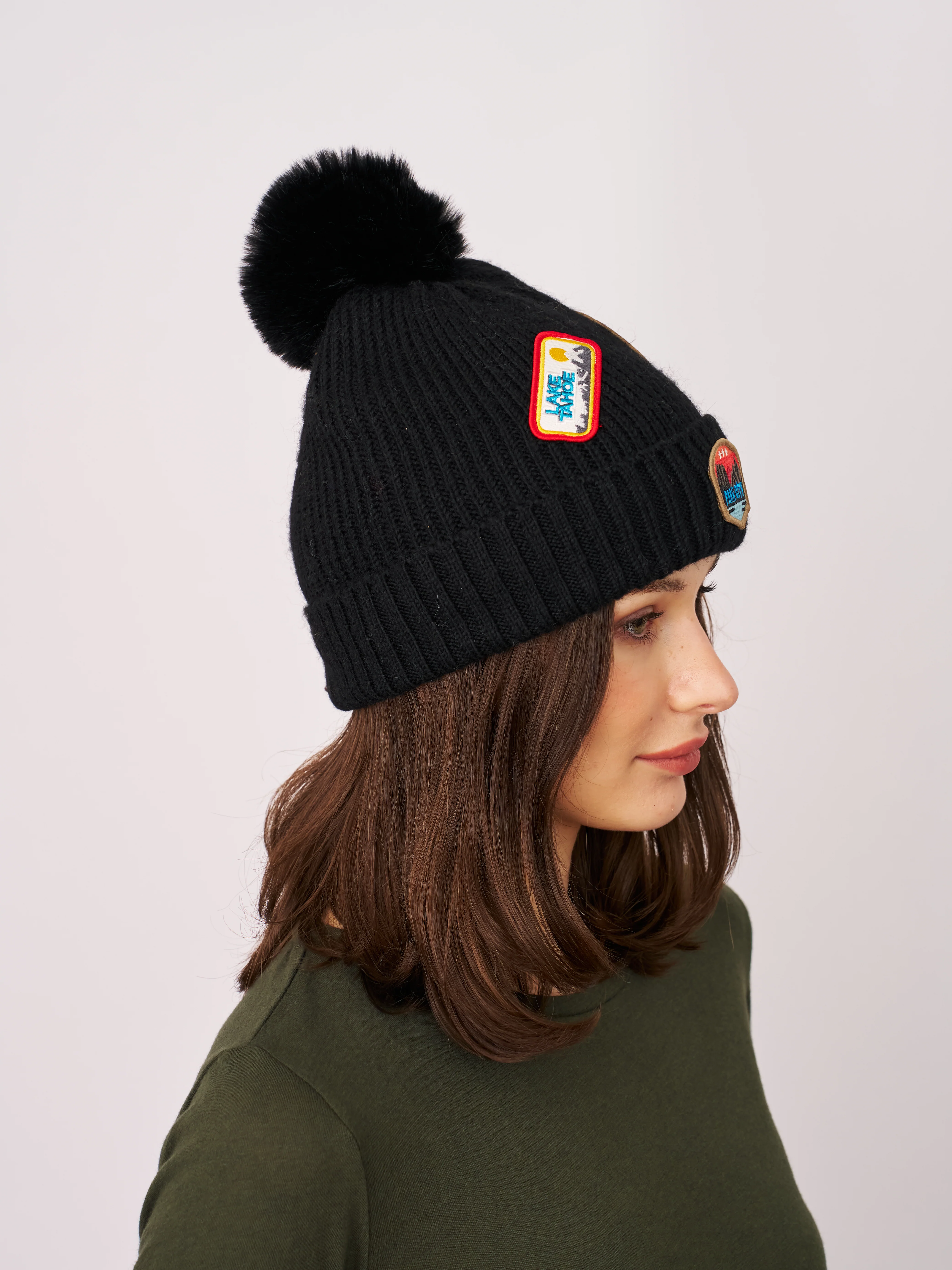 RIBBED POMPOM BEANIE WITH LAKE TAHOE PATCH - BLACK - Image 3