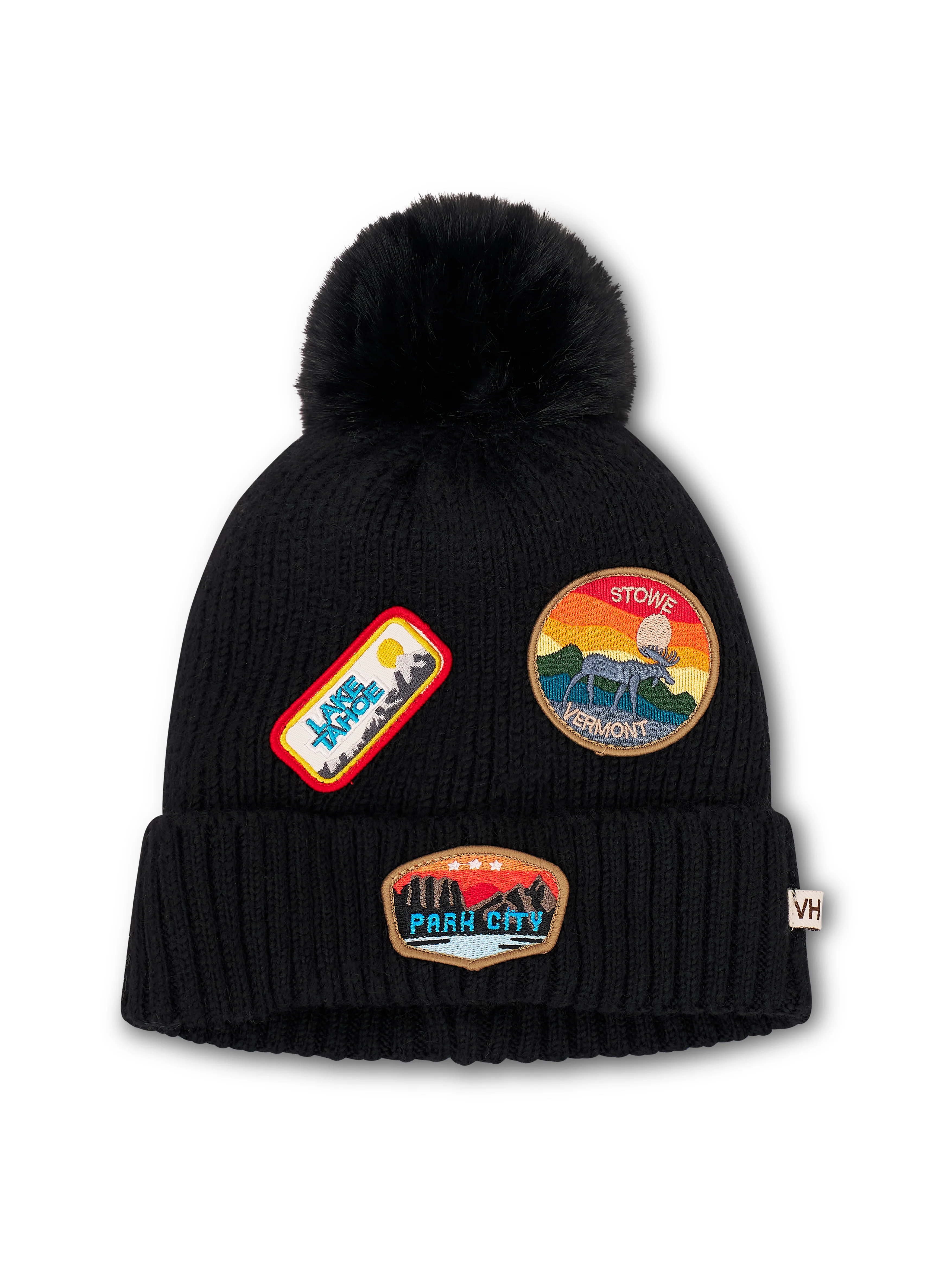 RIBBED POMPOM BEANIE WITH LAKE TAHOE PATCH - BLACK - Image 4