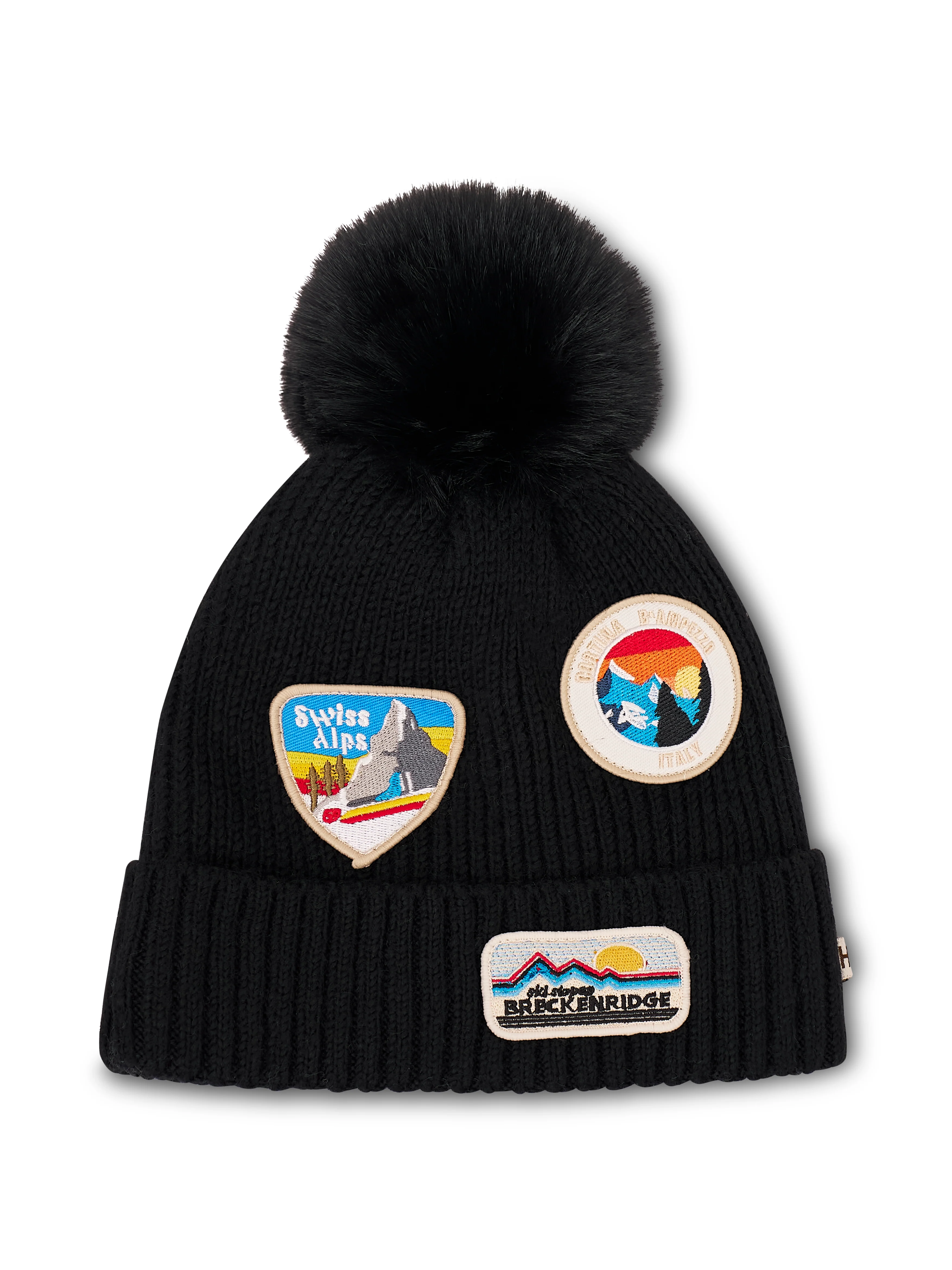 RIBBED POMPOM BEANIE WITH SWISS ALP PATCH - BLACK - Image 4