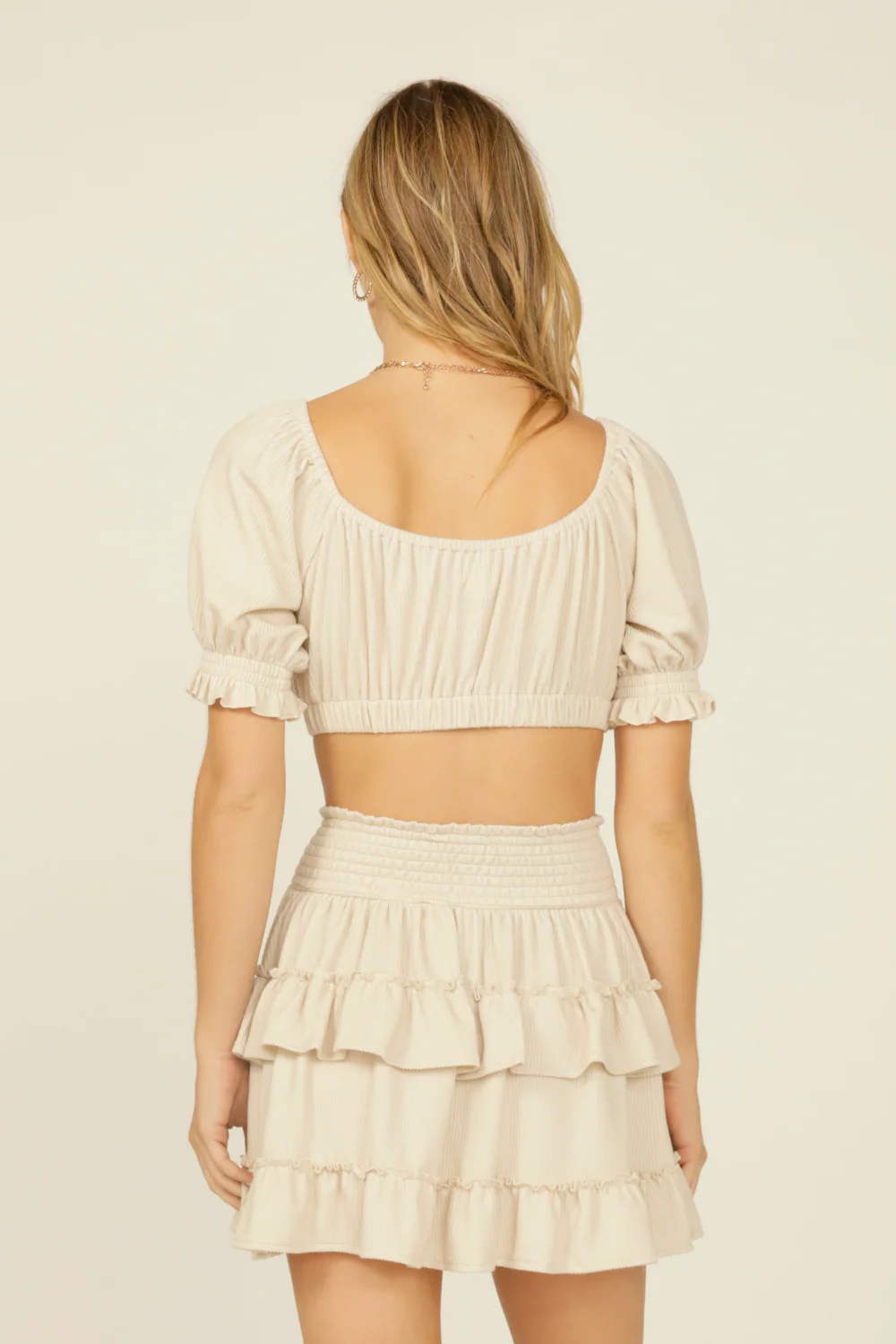 Sand Rib Knit Tie Front Balloon Sleeve Crop Top - Image 2