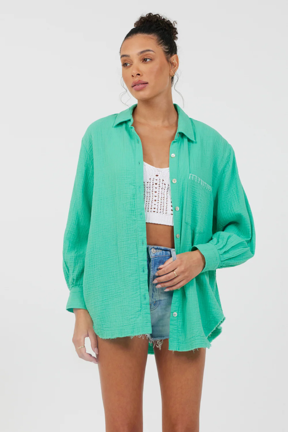 Super Green/ Soft Ivory Embroidery Detail Gauze Shirting