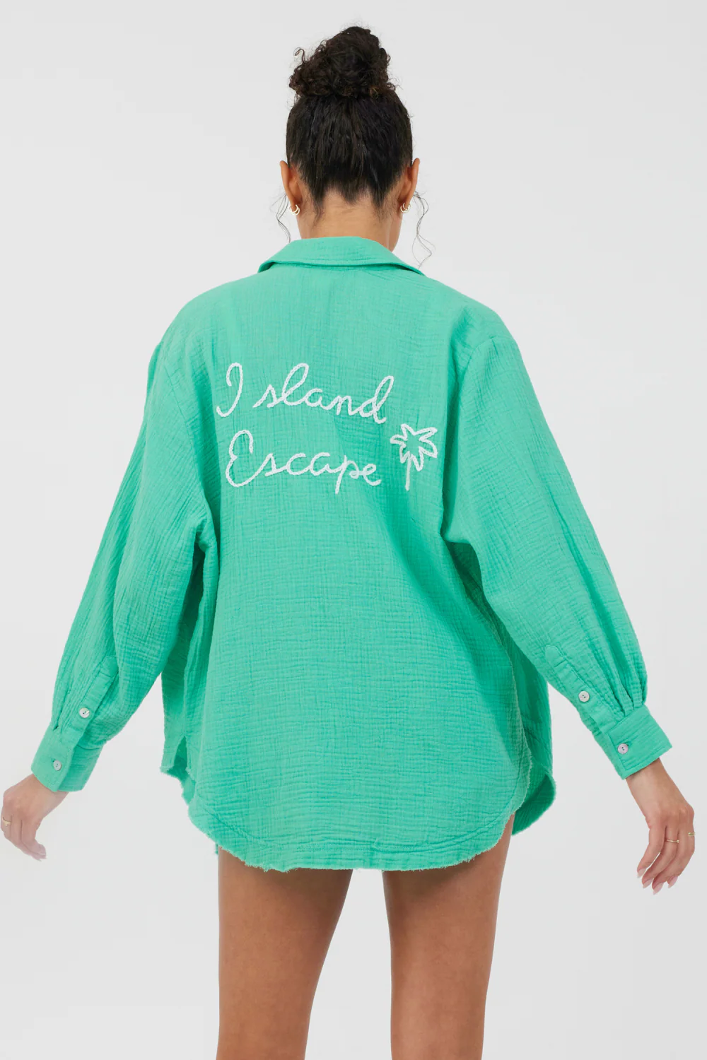 Super Green/ Soft Ivory Embroidery Detail Gauze Shirting - Image 2