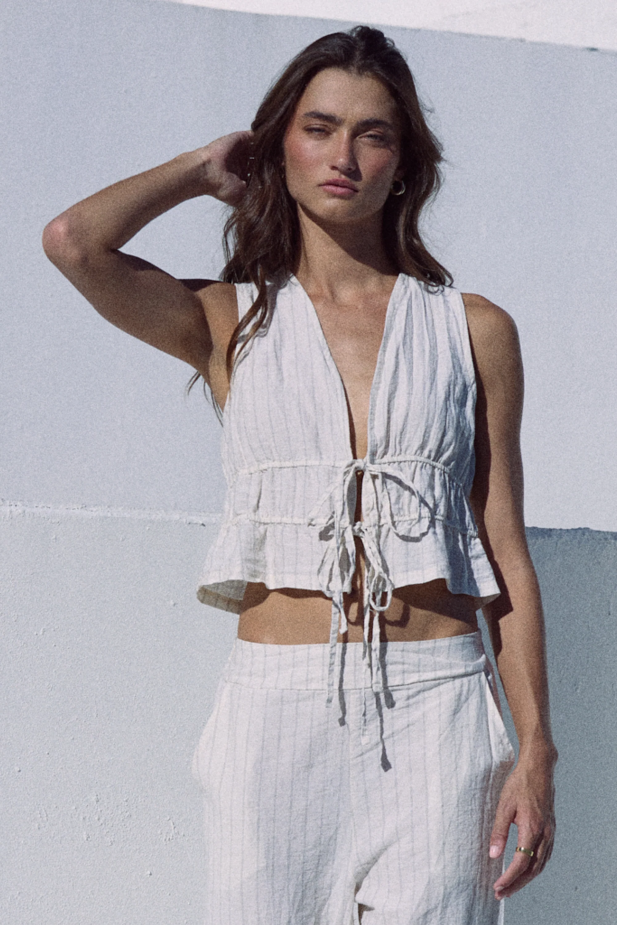 Textured Linen Blend Tie Front Top