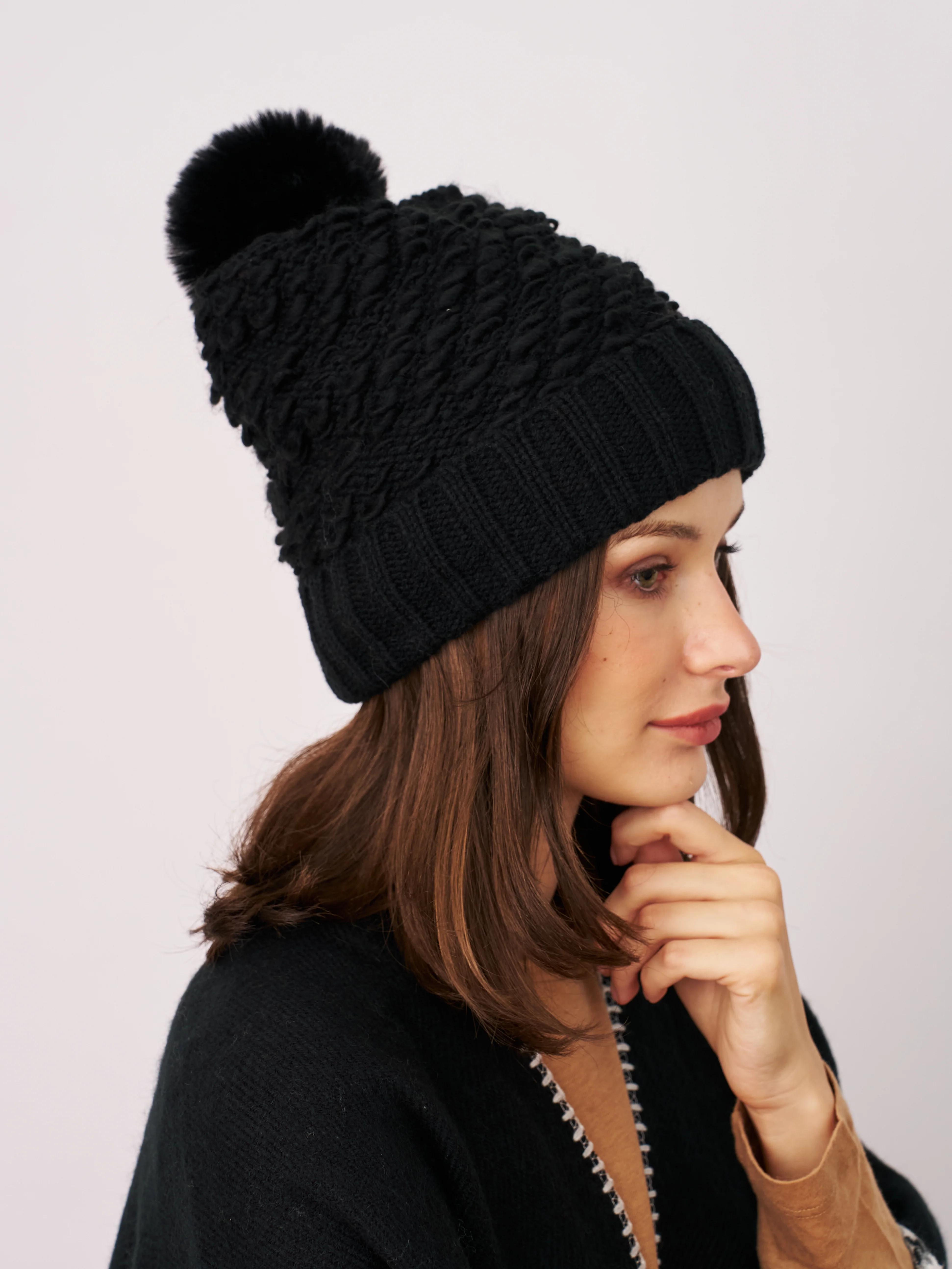 TURN UP POMPOM HAT - BLACK - Image 3