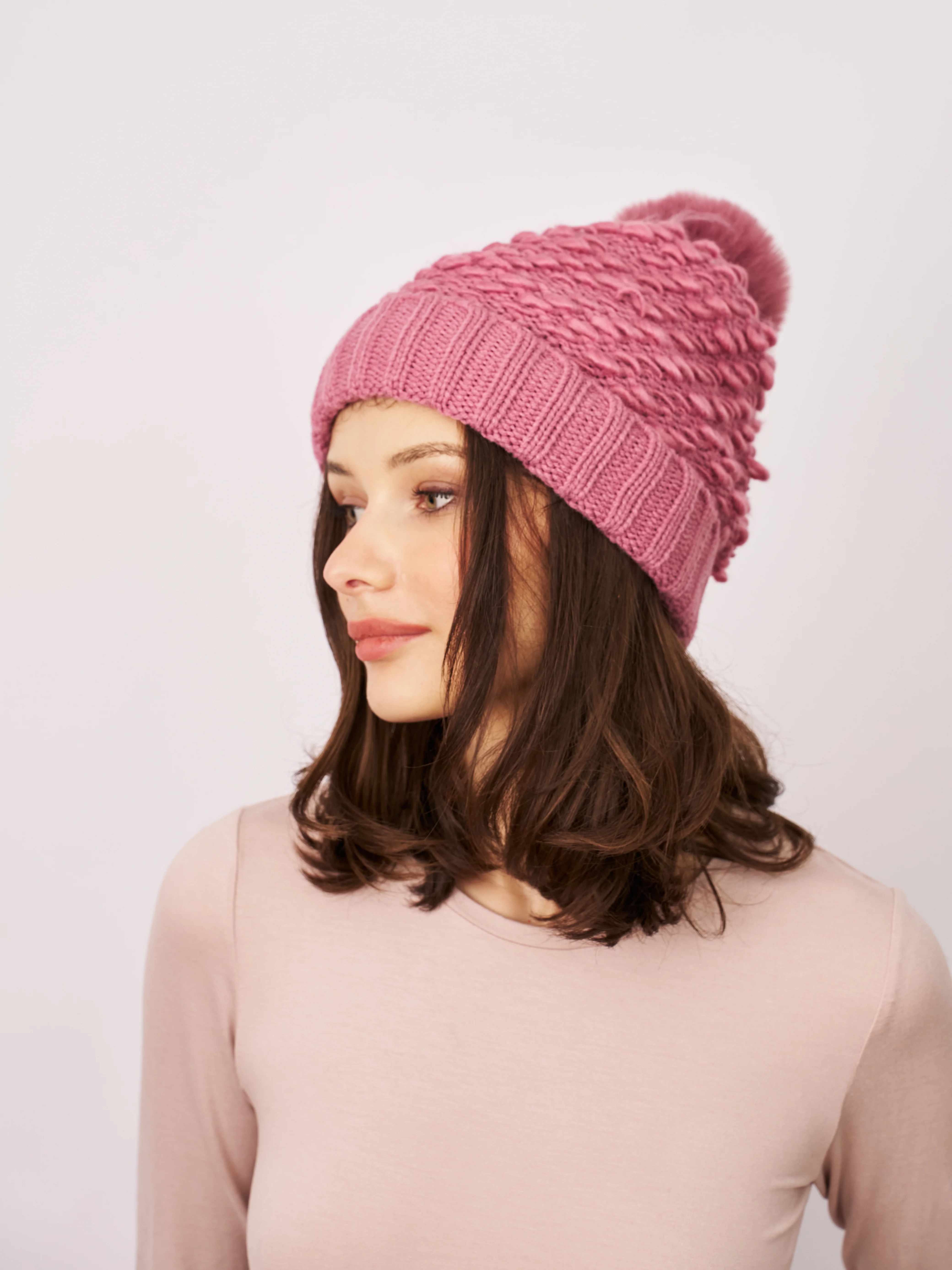 TURN UP POMPOM HAT - BLUSH - Image 3