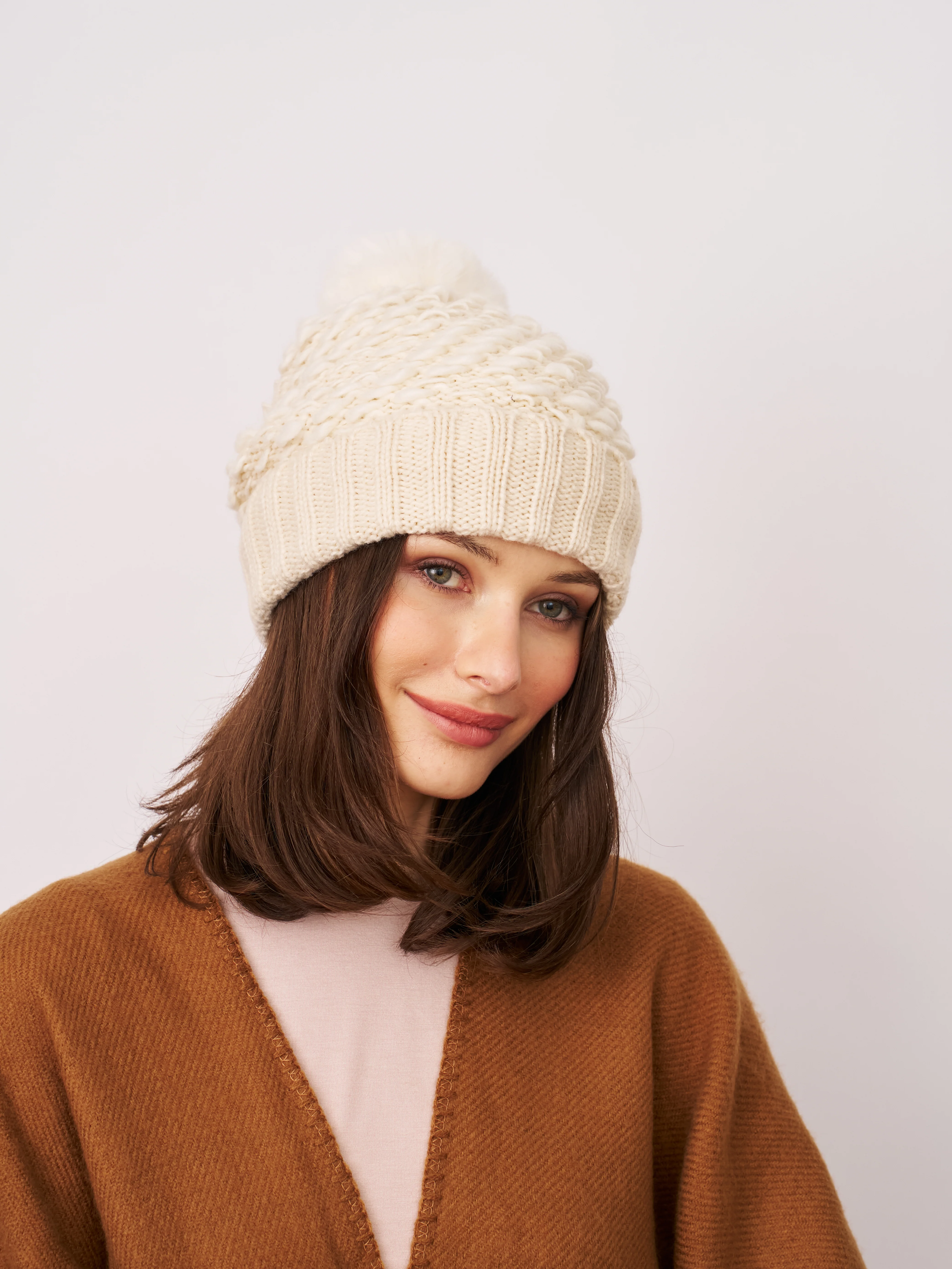 TURN UP POMPOM HAT - CREAM - Image 2