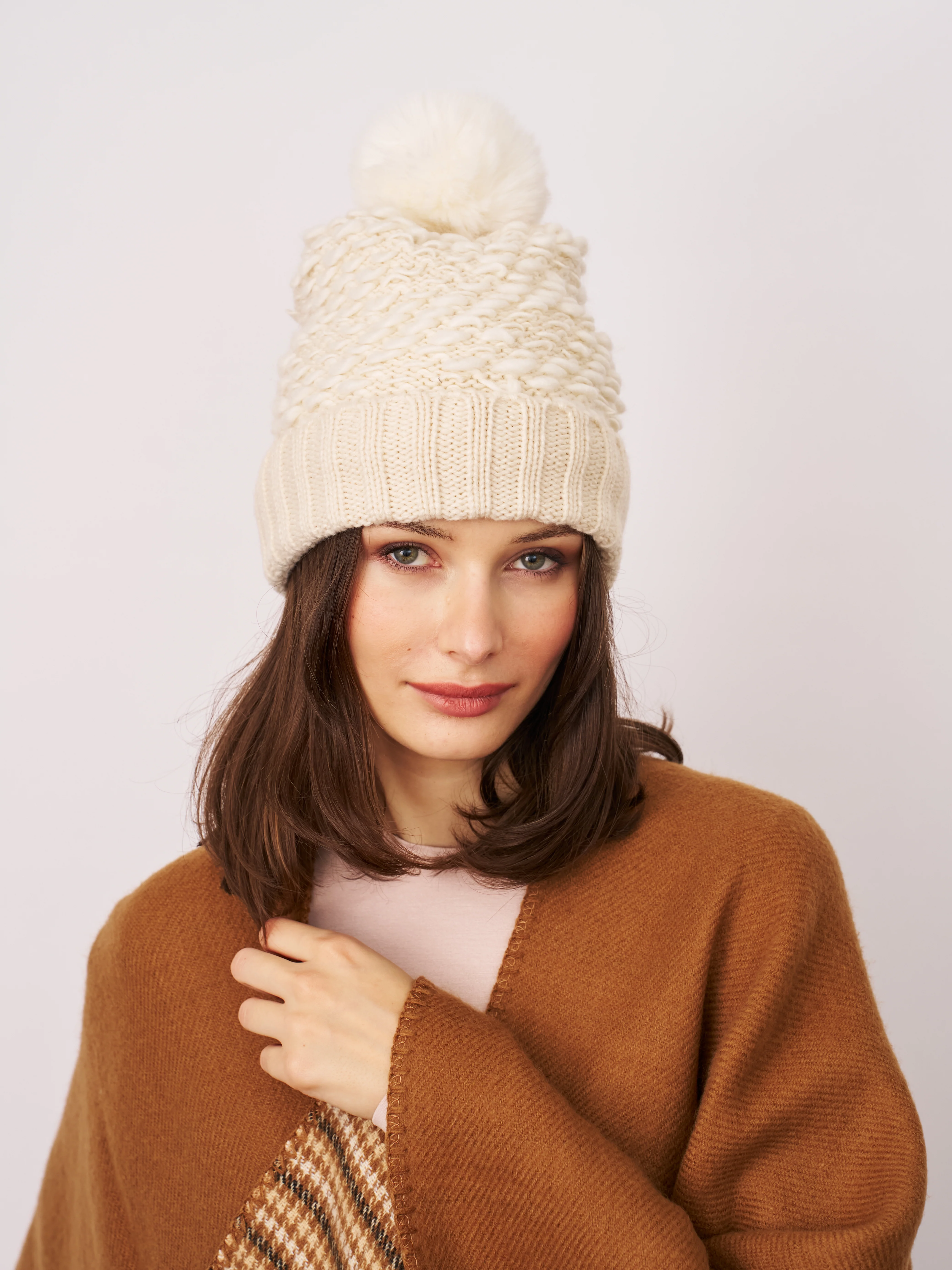 TURN UP POMPOM HAT - CREAM - Image 3